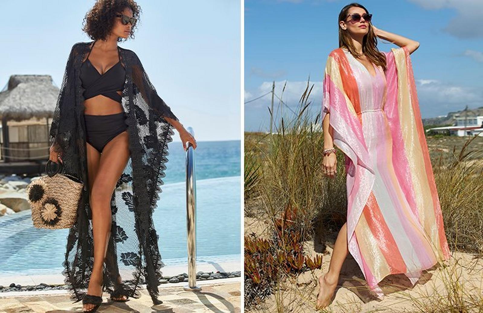 left model wearing a black lace duster cover-up, black bikini, sunglasses, black leather braided sandals, and straw bag. right model wearing a multicolored shimmer stripe caftan dress and sunglasses.