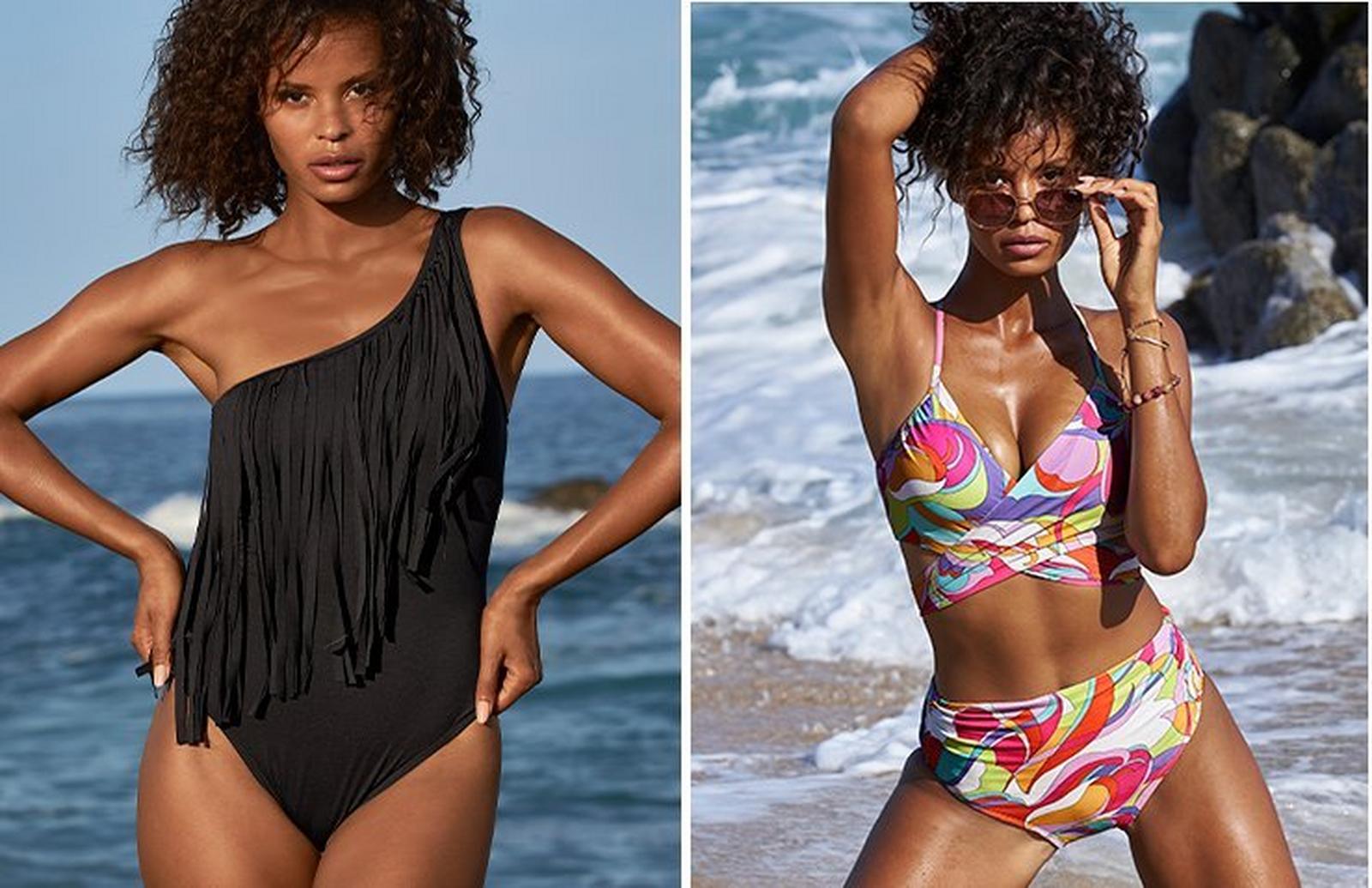left model wearing a black one-shoulder fringe one piece swimsuit. right model wearing a sunset waves print bikini and sunglasses.