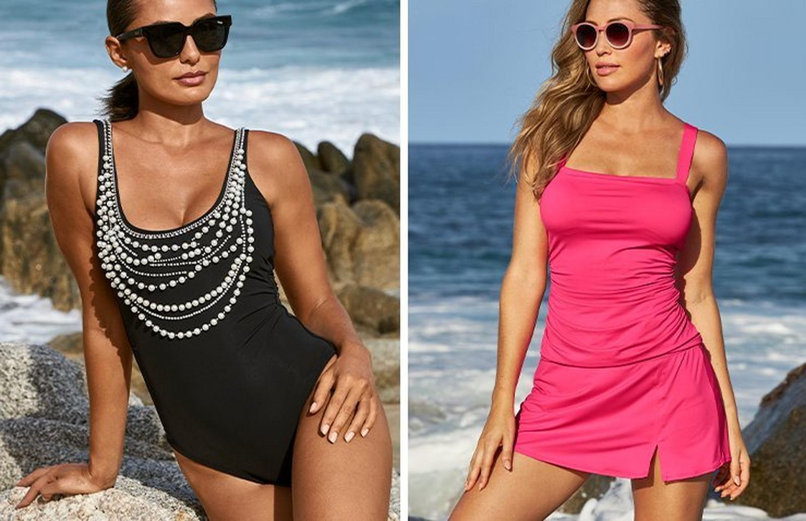left model wearing a black pearl embellished one-piece swimsuit and sunglasses. right model wearing a pink tankini with a skirted bottom and sunglasses.
