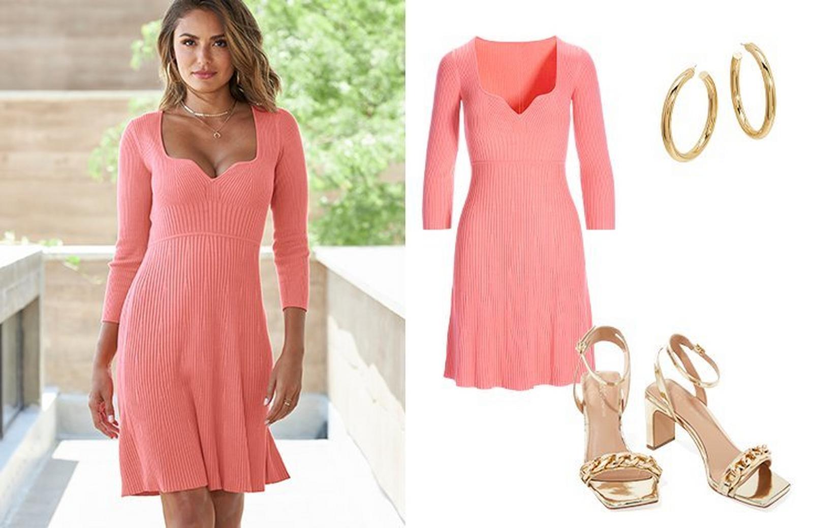 left model wearing a pink ribbed three-quarter sleeve fit-and-flare dress. right panel: pink ribbed fit-and-flare dress, gold hoop earrings, and gold chain heels.