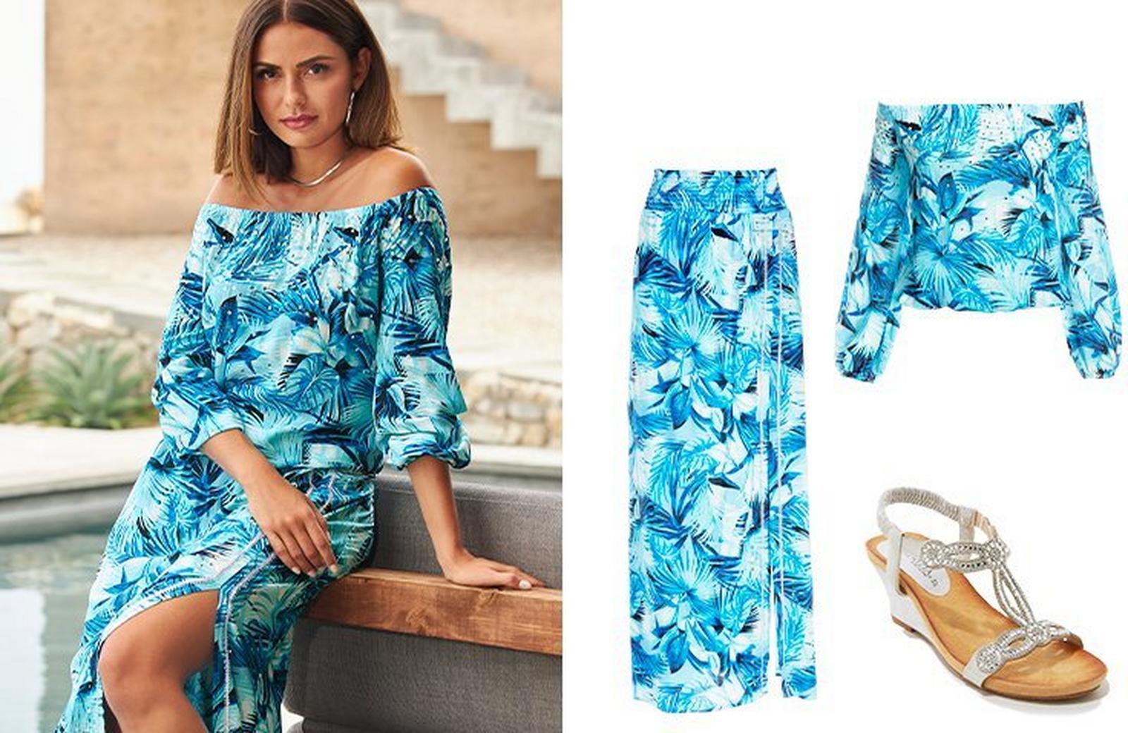 left model wearing a blue palm print off-the-shoulder long-sleeve top and matching maxi skirt. right panel: blue palm print maxi skirt, blue palm print off-the-shoulder long-sleeve top, and silver crystal embellished sandals.