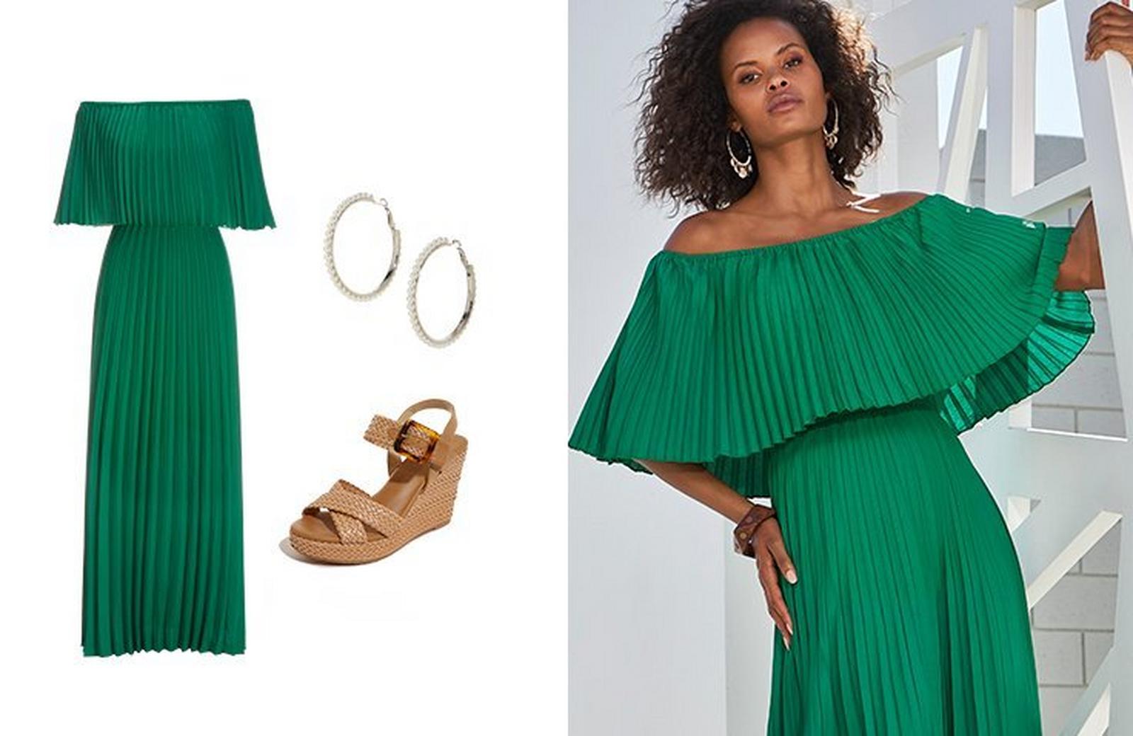 left panel: green off-the-shoulder pleated maxi dress, silver hoop earrings, and tan wedges. right model wearing a green pleated off-the-shoulder maxi dress.