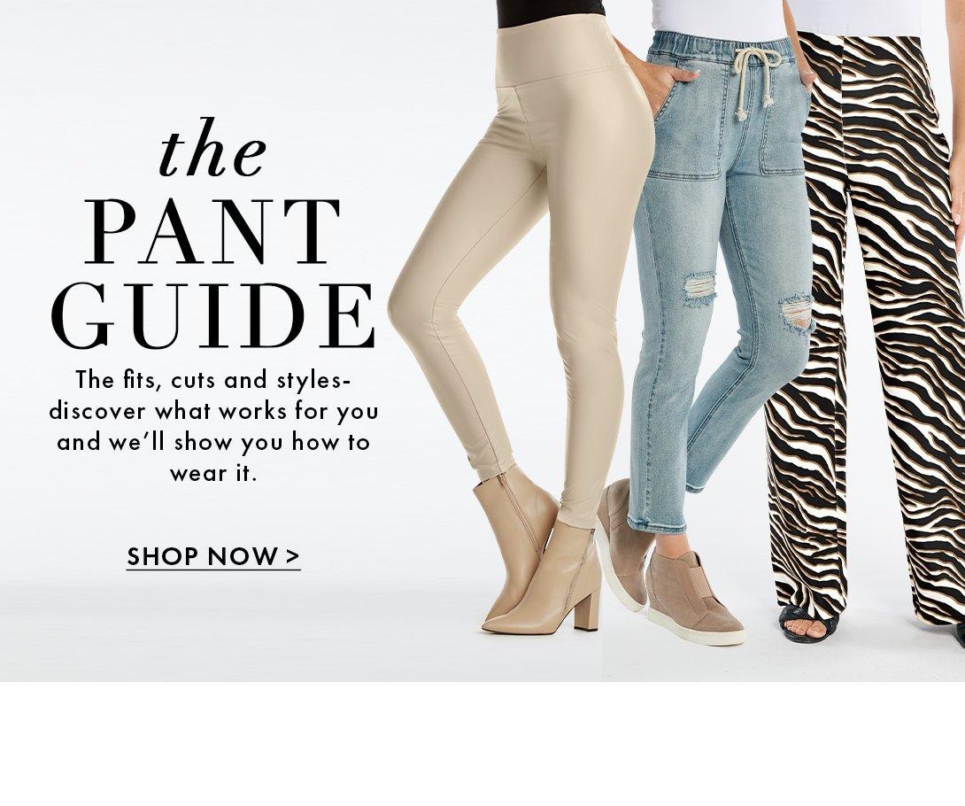 left model wearing off-white faux-leather leggings. middle model wearing drawstring distressed jeans. right model wearing zebra print palazzo pants.