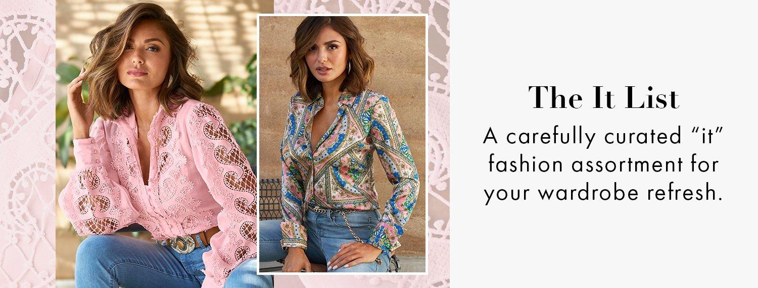 left model wearing a pink lace paisley button-down long-sleeve top and jeans. right model wearing a paisley print long-sleeve button down charmeuse blouse and jeans.