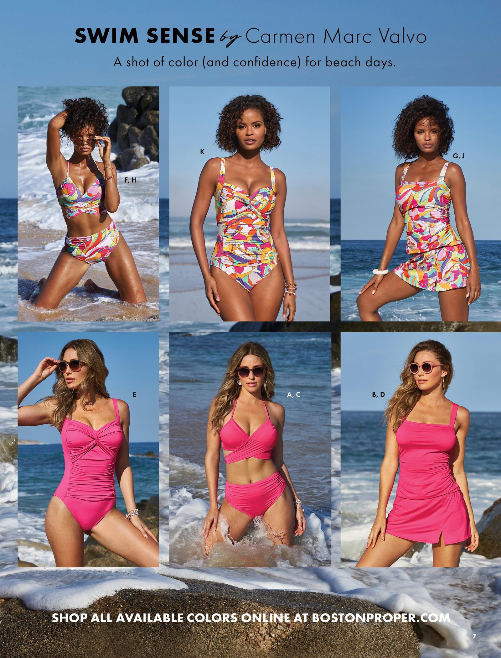 models from left to right, top to bottom: paisley print bikini, paisley print one piece, paisley print tankini with skirted bottom, pink one piece, pink bikini, pink tankini with skirted bottom.