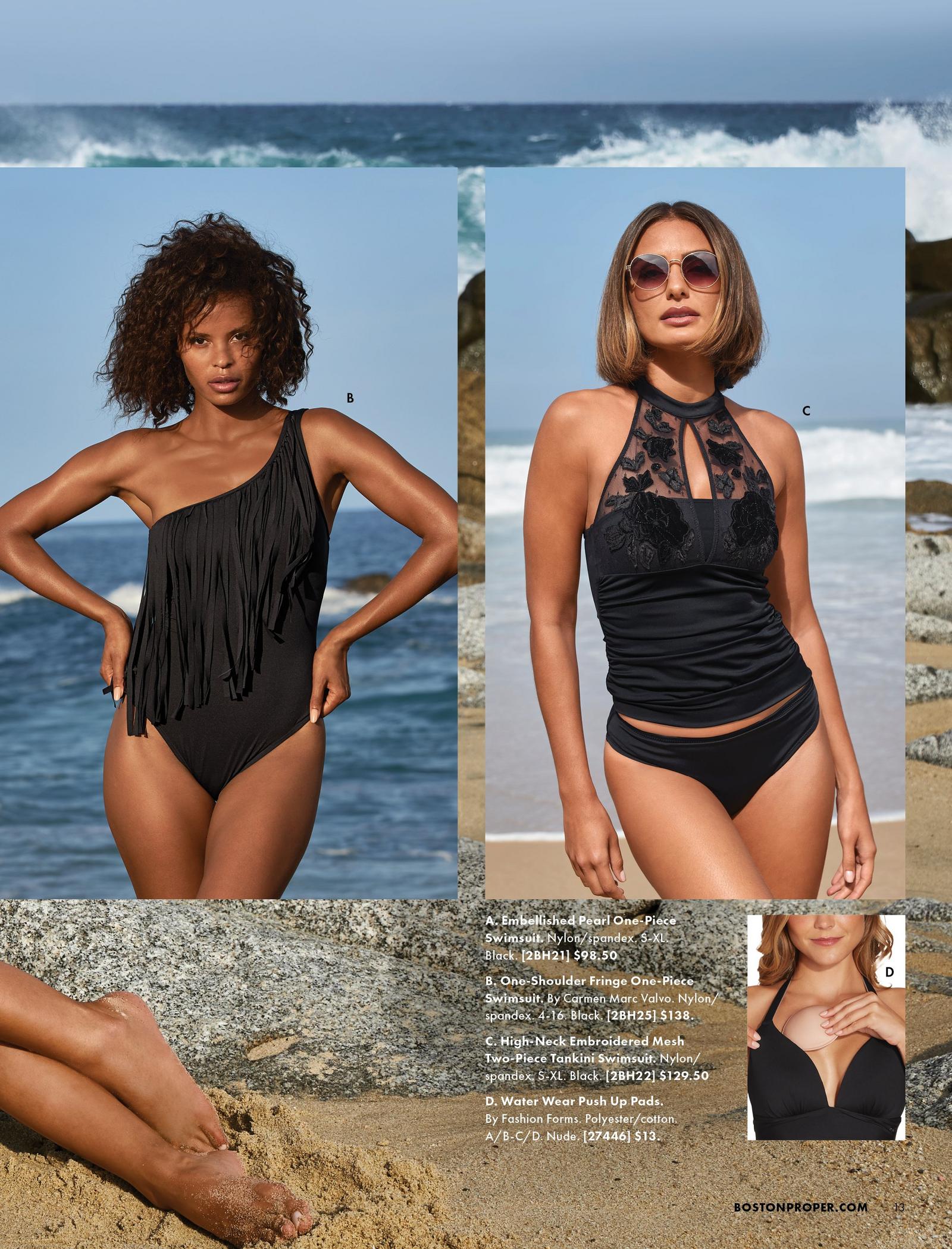left model wearing a black one-shoulder fringe one-piece swimsuit. right model wearing a black floral lace tankini and sunglasses. bottom left shows water pads.