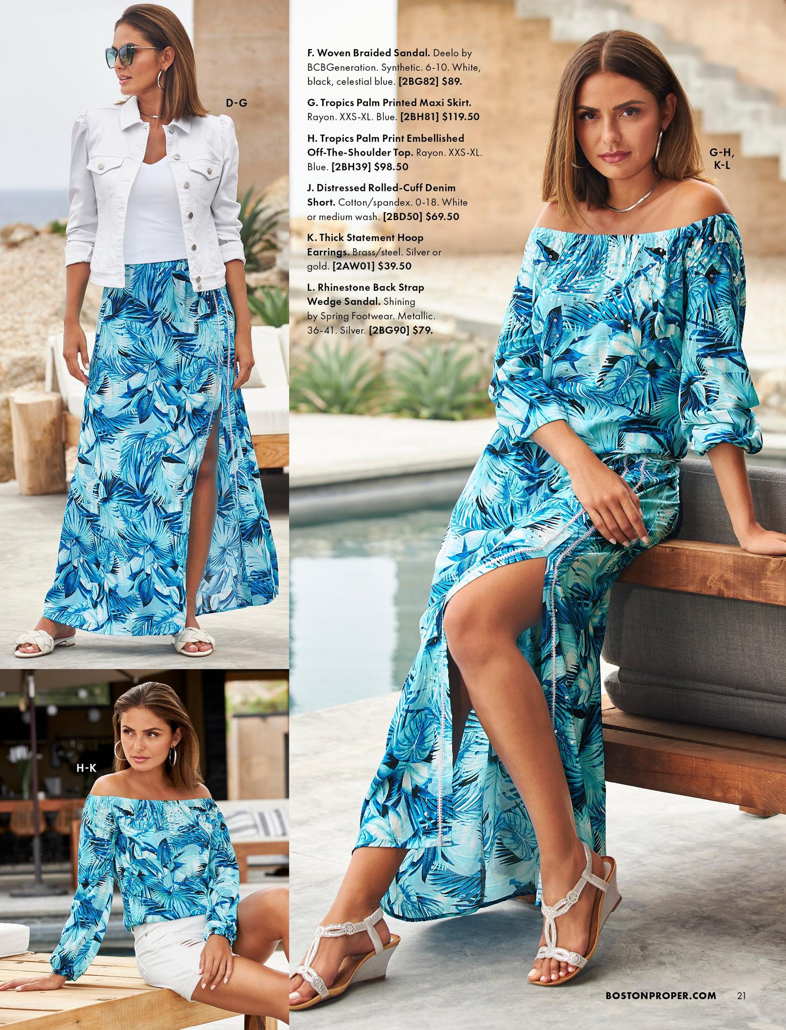top left model wearing a white tank top, white denim jacket, blue palm print maxi skirt, white braided slide sandals, and sunglasses. bottom left model wearing a blue palm print off-the-shoulder top, white denim shorts and silver hoop earrings. right model wearing a blue palm print off-the-shoulder top, blue palm print maxi skirt, and rhinestone embellished wedge sandals.