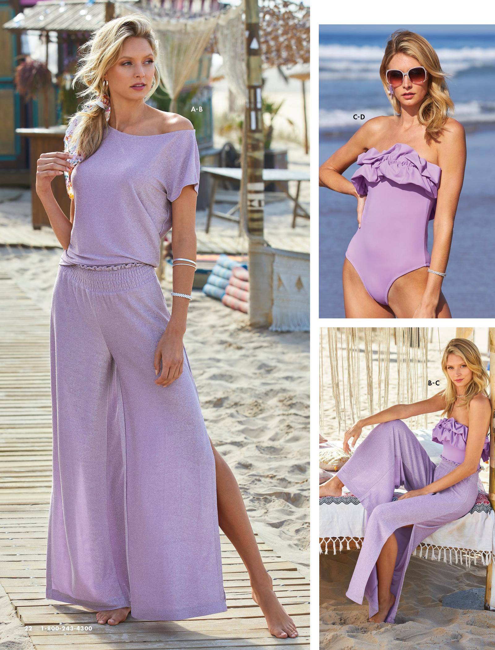left model wearing a lavender slouchy tee shirt and lavender shimmery palazzo pants. top right model wearing a strapless lavender ruffle one piece swimsuit and sunglasses. bottom right model wearing a lavender one piece ruffle swimsuit and lavender palazzo pants.