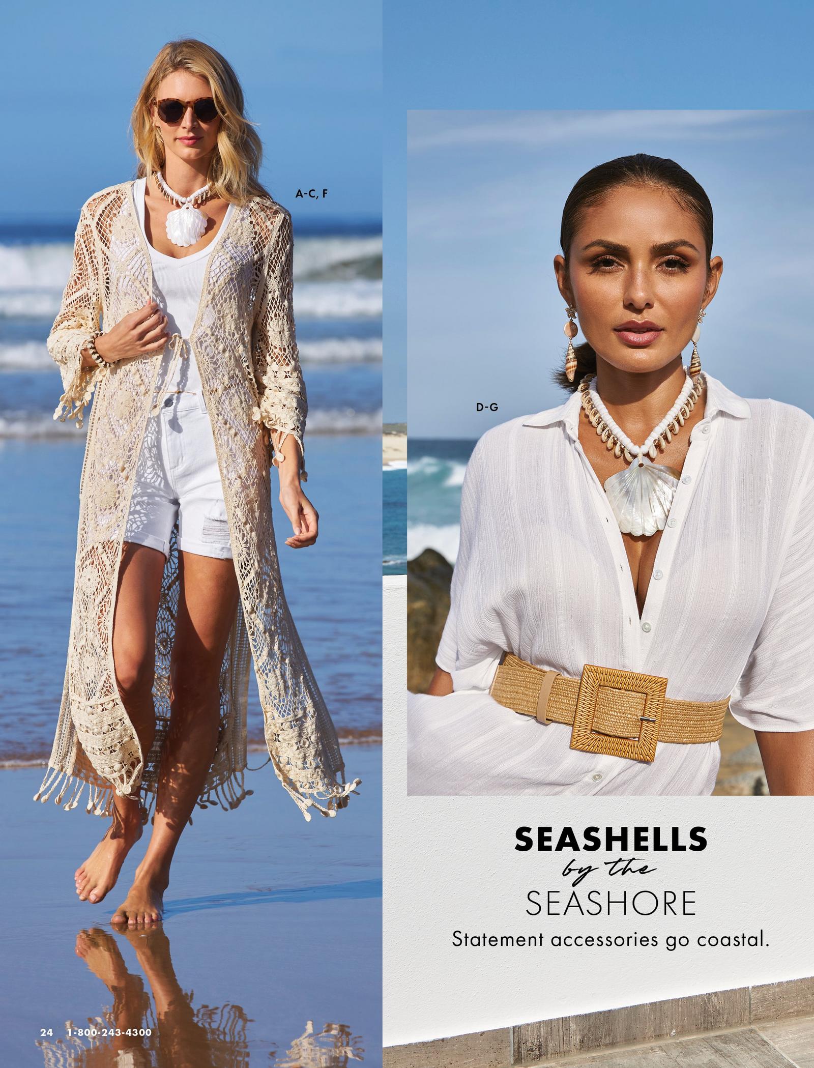 left model wearing oatmeal colored crochet duster, white tank top, white denim jeans, sunglasses, and a while seashell necklace. right model wearing a white seashell necklace, seashell earrings, white short sleeve top, and raffia belt.