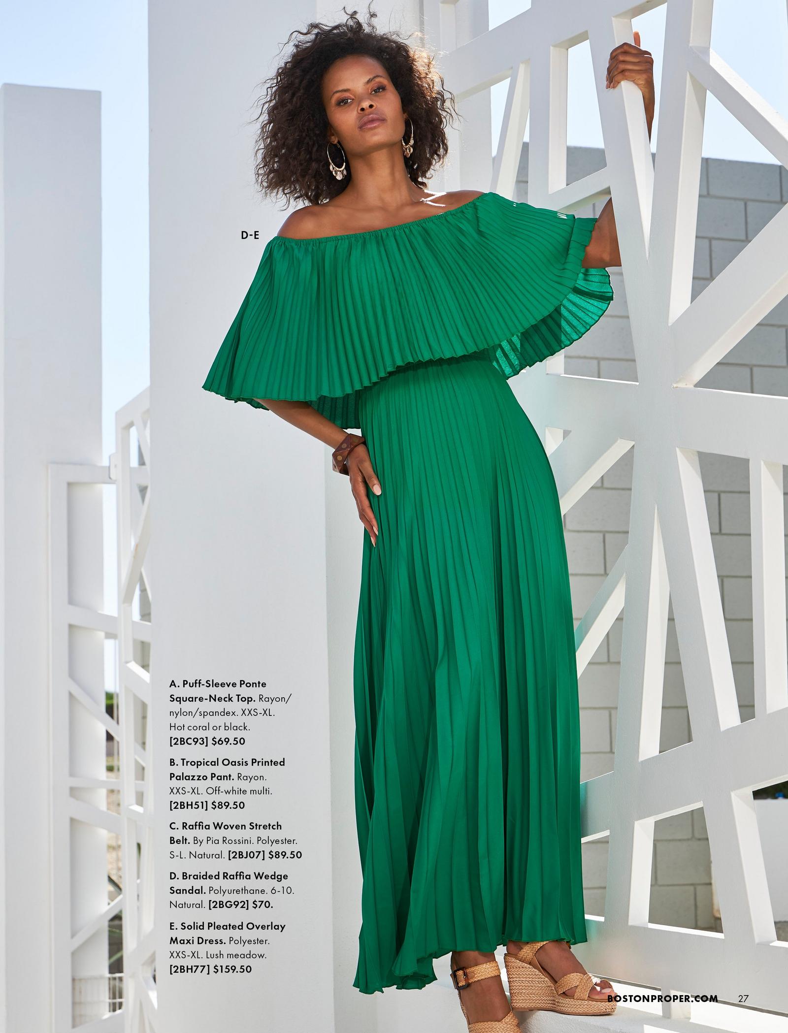 model wearing a green pleated off-the-shoulder maxi dress and tan wedges.