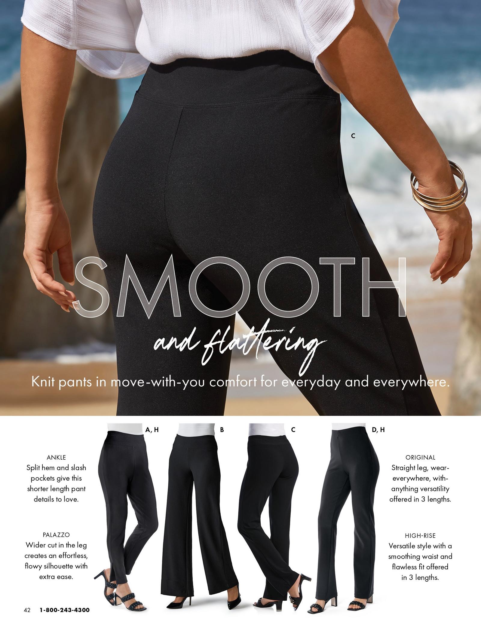 top model wearing black straight-leg pants. bottom panel shows black leggings, black palazzo pants, black straight-leg pants, and black high-waist straight-leg pants.
