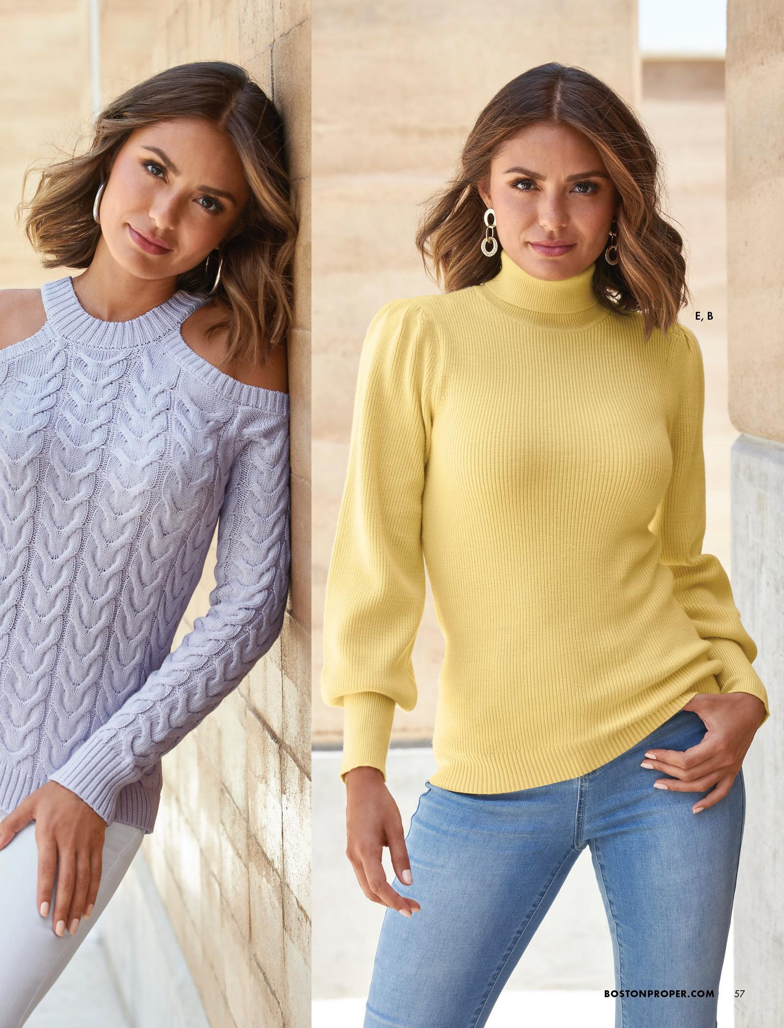 left model wearing a lavender cable knit cold shoulder sweater and white jeans. right model wearing a yellow balloon sleeve turtleneck sweater and light wash jeans.