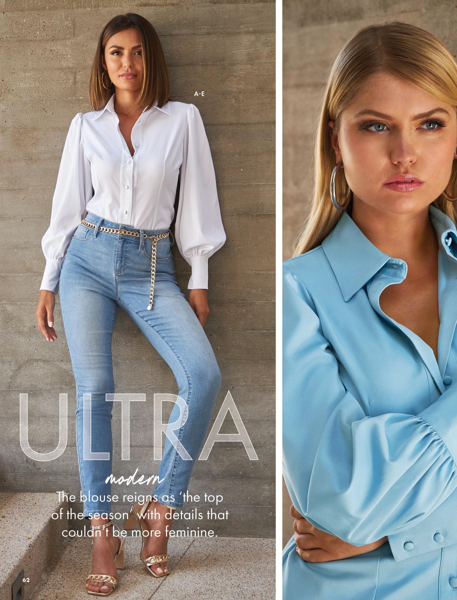 left model wearing a white drama sleeve button down blouse, chain belt, light wash jeans, and gold chain block heels. right model wearing the same blouse in light blue.
