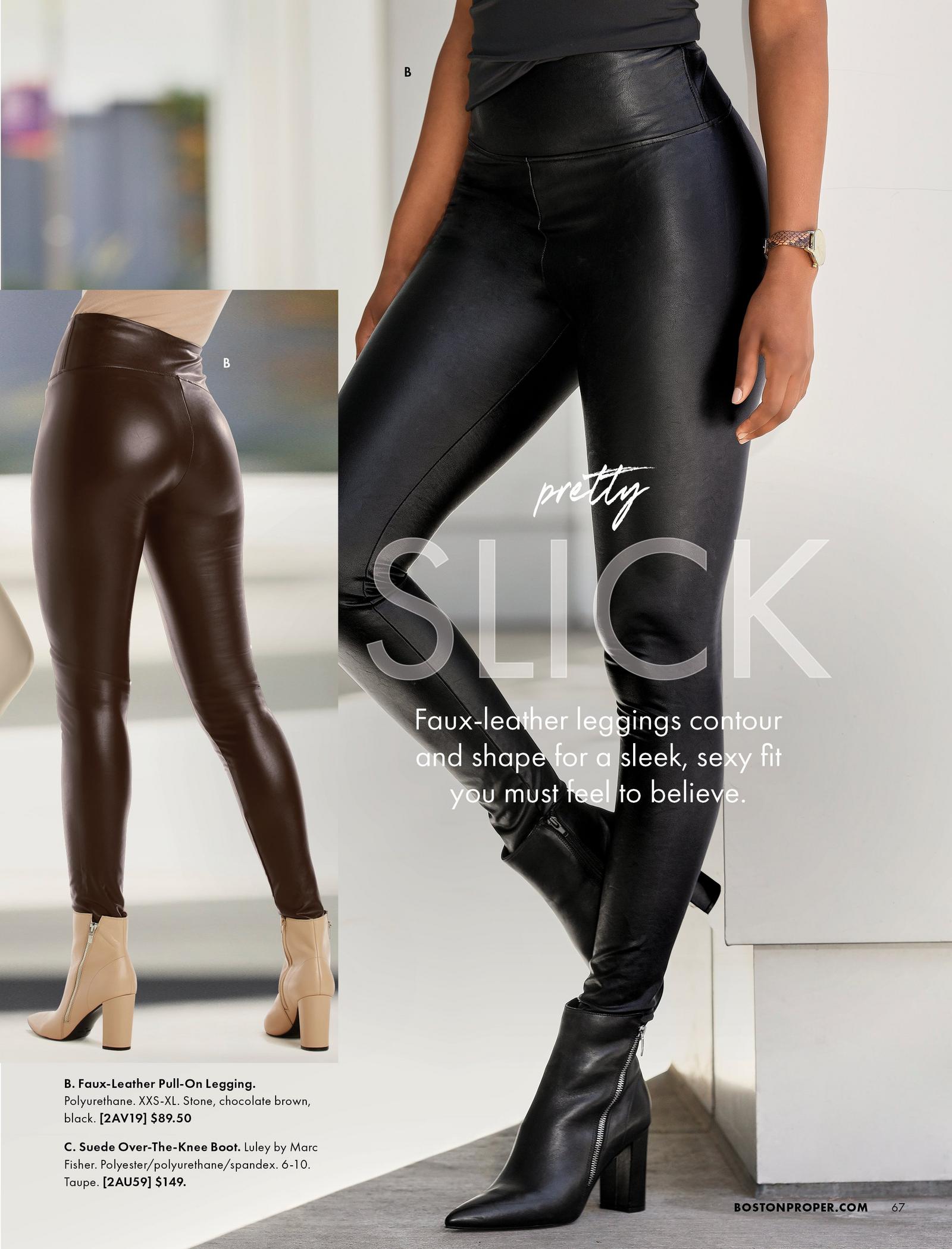 left model wearing brown faux-leather leggings and tan leather booties. right model wearing black faux-leather leggings and black leather booties.