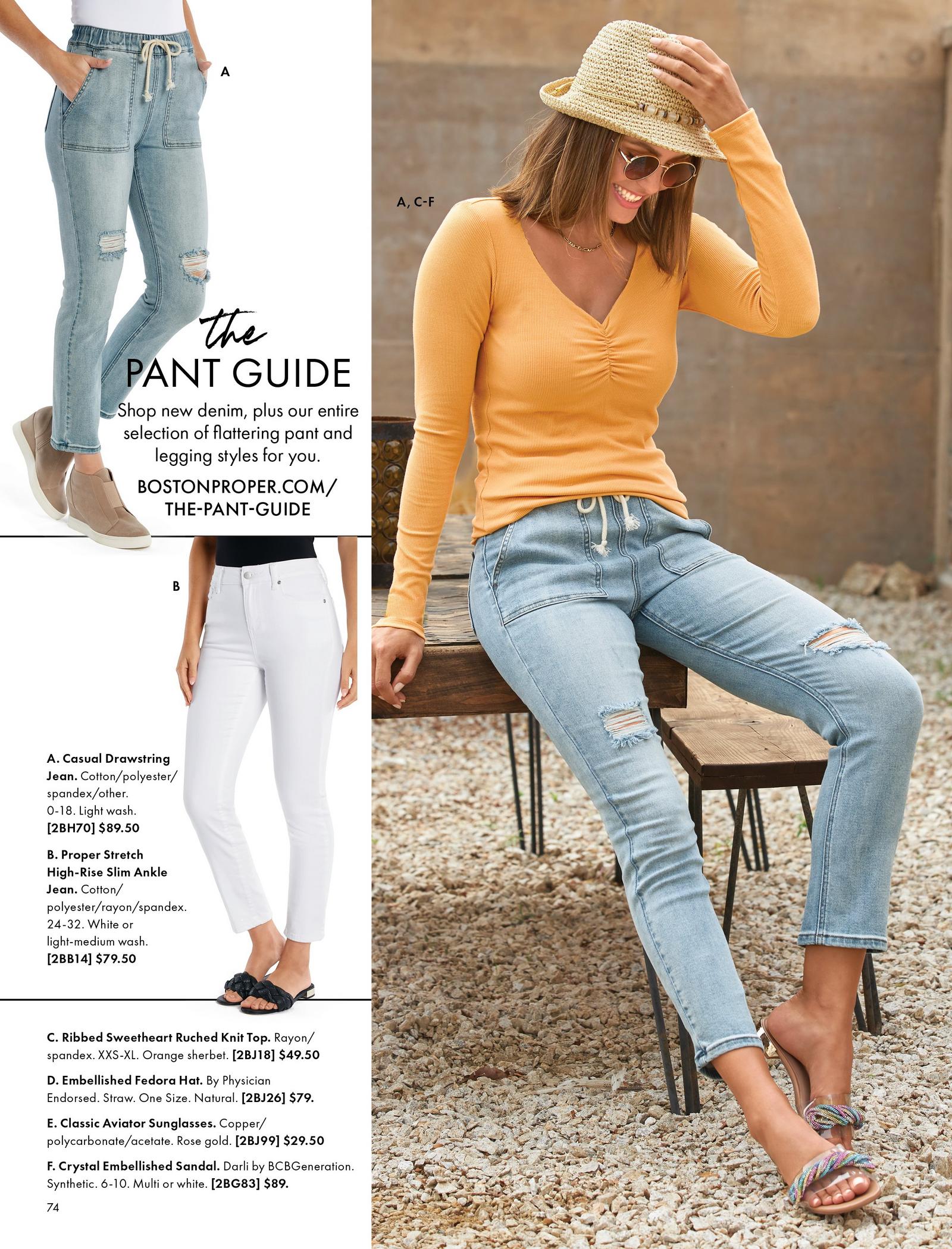 top left model wearing drawstring distressed jeans and taupe sneaker wedges. bottom left model wearing white jeans and black braided slide sandals. right model wearing a yellow ribbed ruched sweetheart top, drawstring distressed jeans, crystal embellished sandals, embellished fedora hat, and aviator sunglasses.