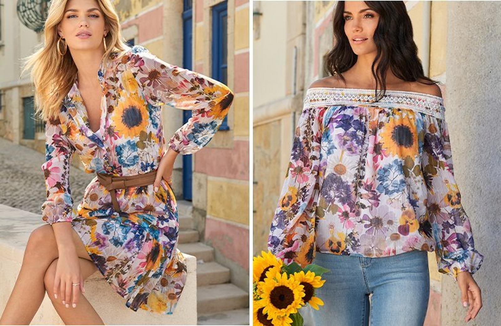 left model wearing a multicolored floral print long-sleeve short dress with a brown belt. right model wearing a lace and rhinestone embellished off-the-shoulder floral printed long sleeve top and jeans.