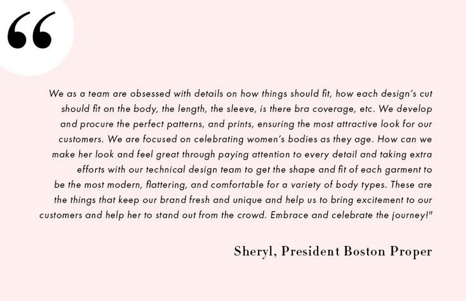 a quote from sheryl, president of boston proper. black text on light pink background.
