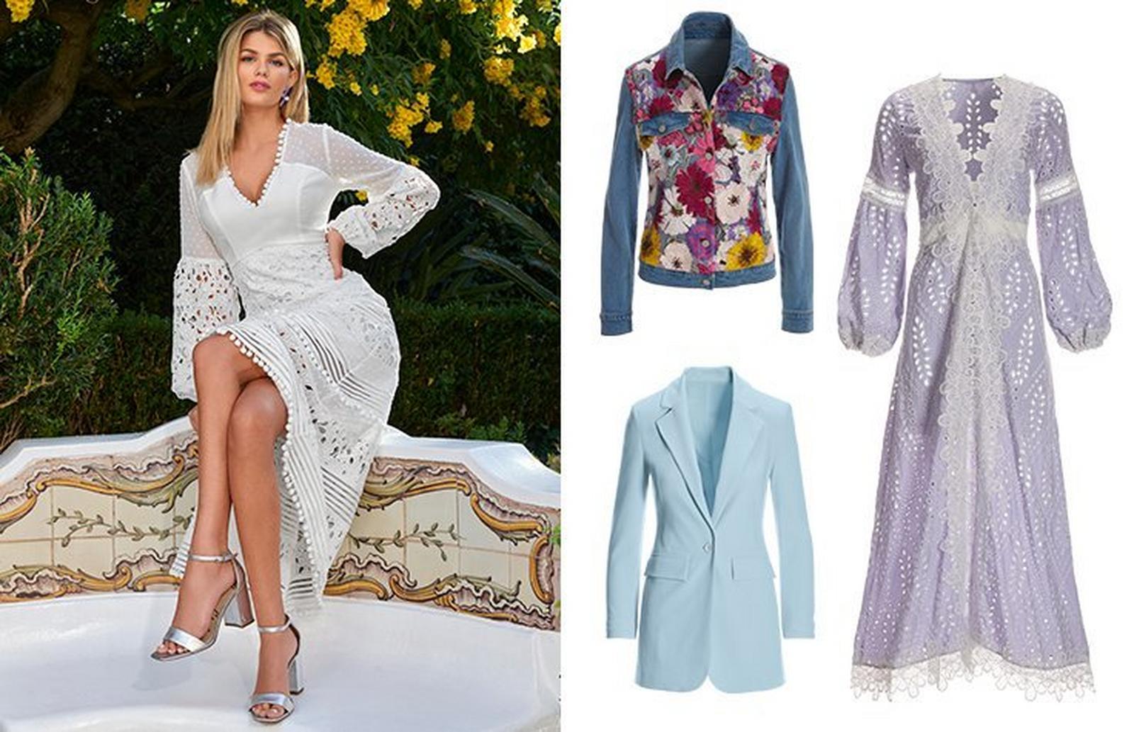 left model wearing a white lace and pom-pom embroidered long-sleeve maxi dress. right panel shows a flower embroidered denim jacket, lavender lace and eyelet duster, and light blue blazer.