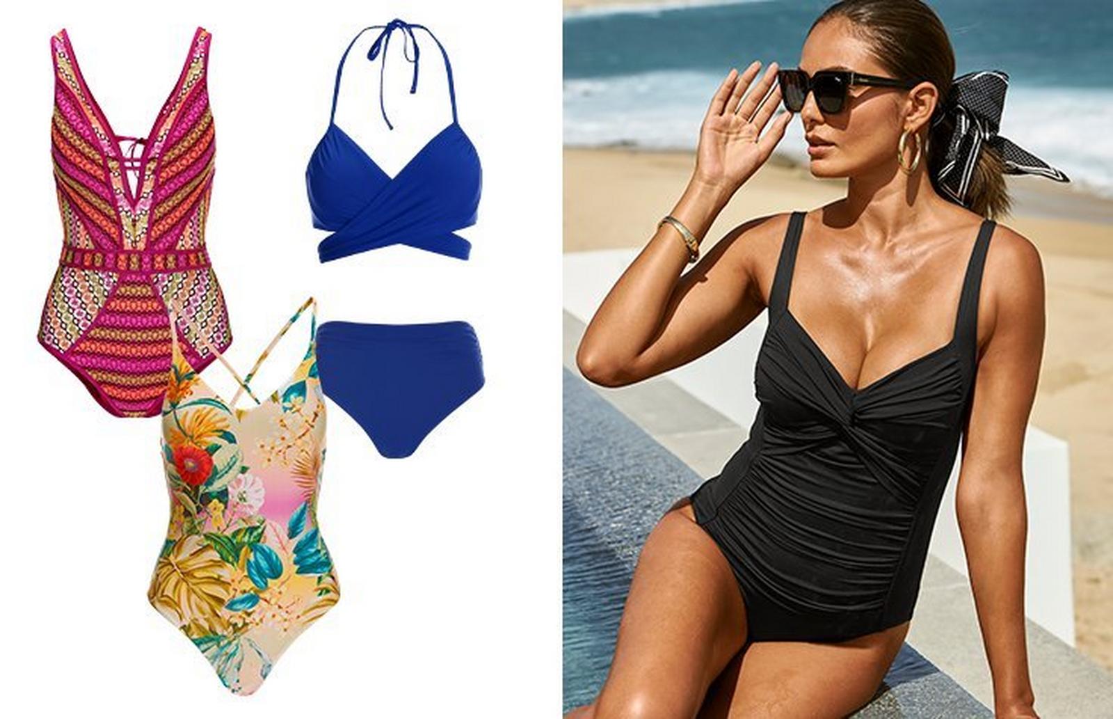 left panel shows a multicolor one-piece crochet swimsuit, navy high-waisted bikini, and floral print multicolor one-piece swimsuit. right model wearing a black ruched one-piece swimsuit, sunglasses, and gold hoop earrings.