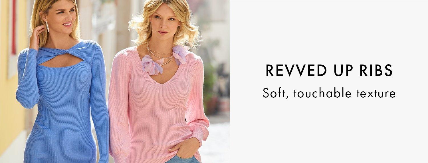 left model wearing a periwinkle cutout ribbed sweater with a twisted front. right model wearing a light pink v-neck balloon sleeve ribbed sweater.