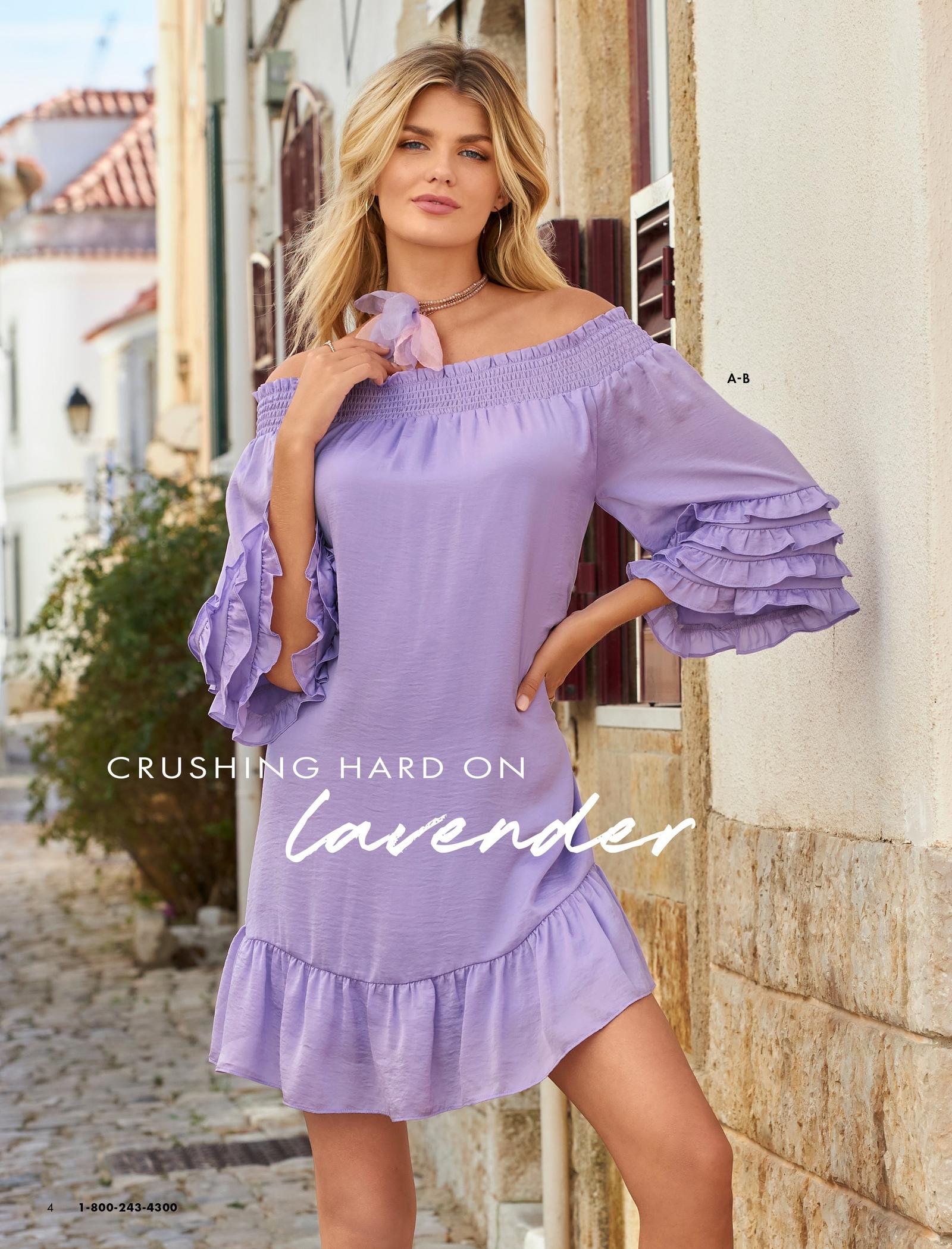 model wearing a lavender off-the-shoulder ruffle sleeve short dress and flower choker necklace.