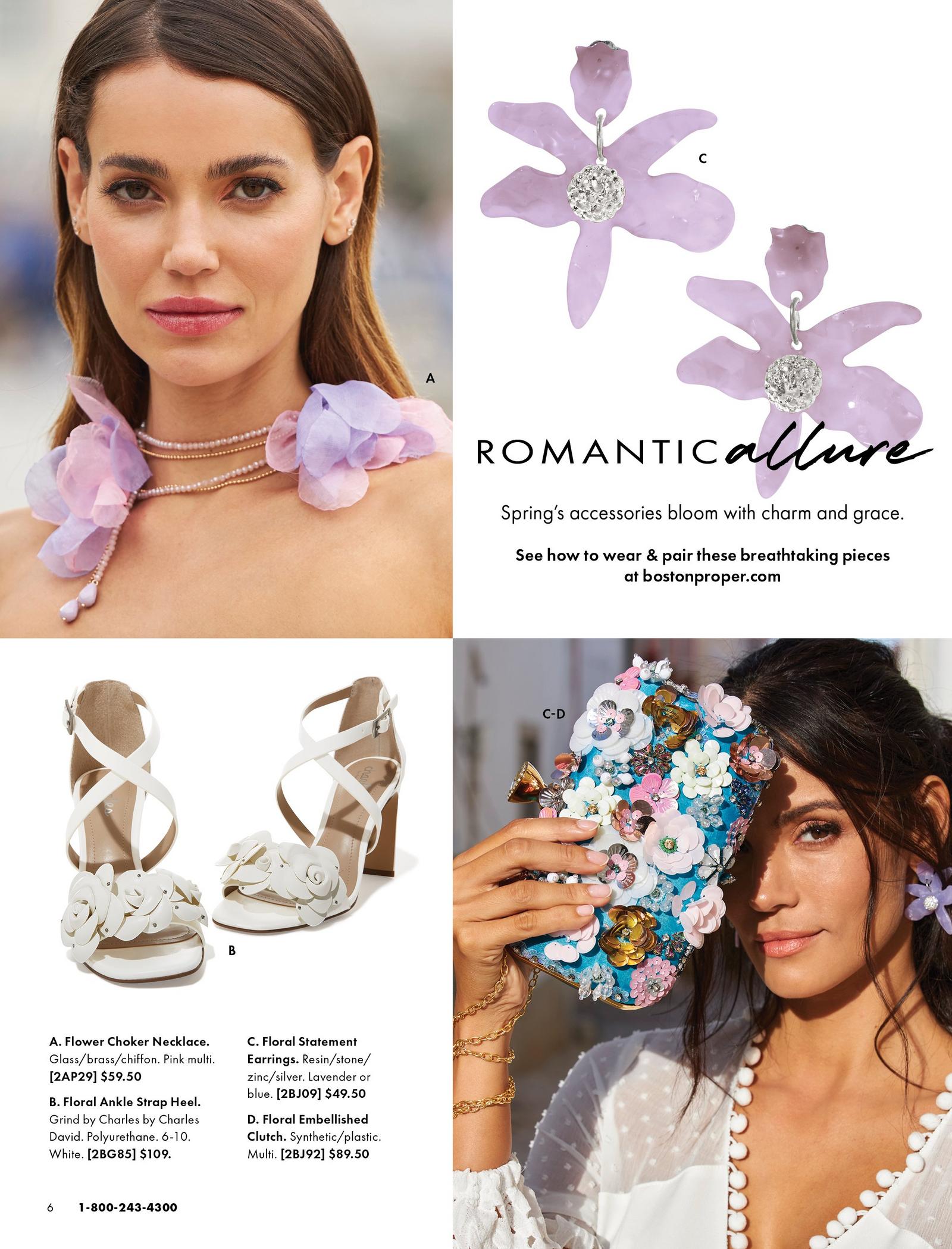 top left model wearing a pink and purple flower choker necklace. top right panel shows a purple pair of floral earrings. bottom left panel shows white floral ankle strap heels. right model holding a floral embellished clutch and wearing purple floral earrings and a white lace dress.