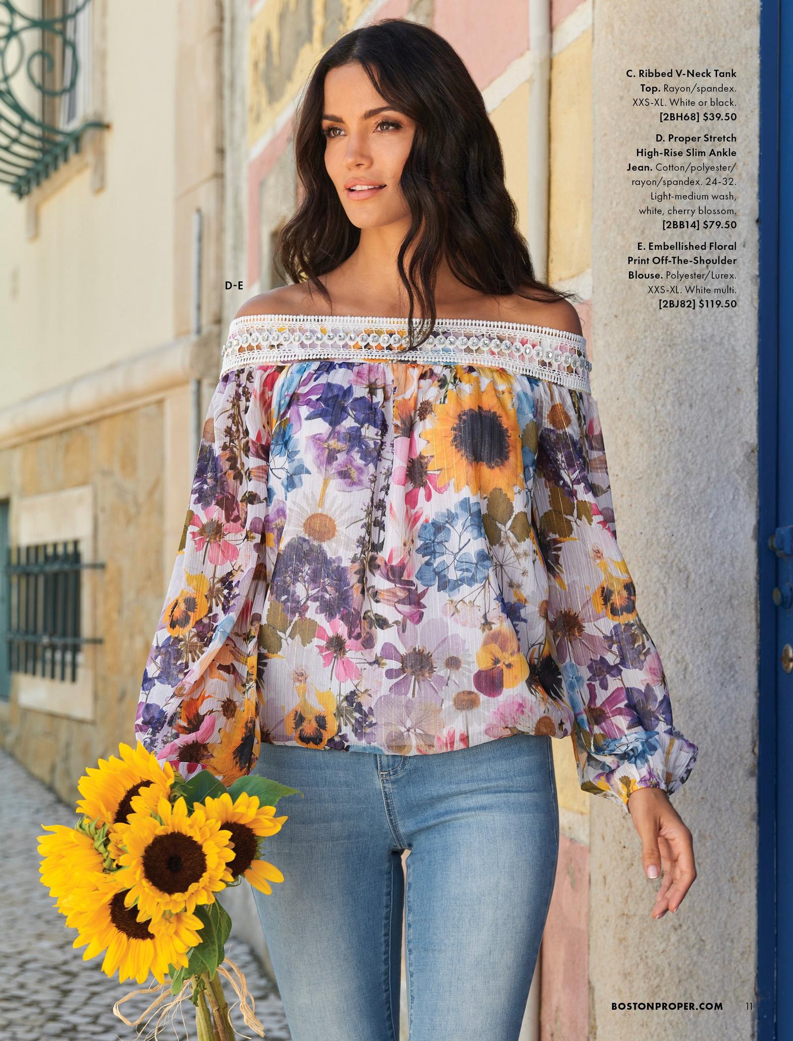 model wearing an off-the-shoulder lace floral print top and light wash jeans.