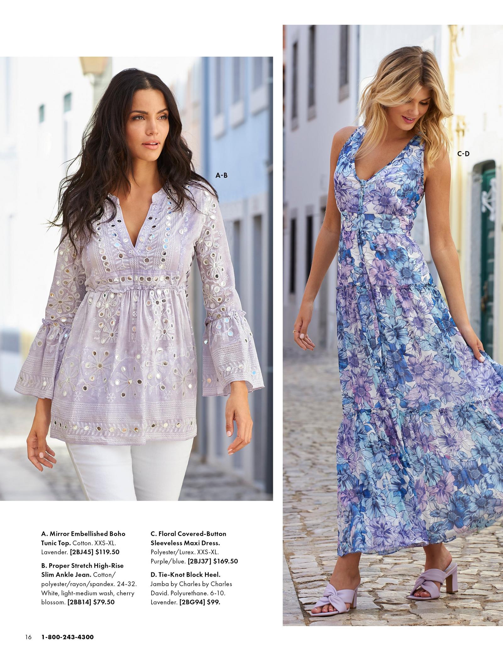 left model wearing a light lavender mirror embellished boho tunic top and white jeans. right model wearing a blue floral print covered-button sleeveless maxi dress and lavender block heels.