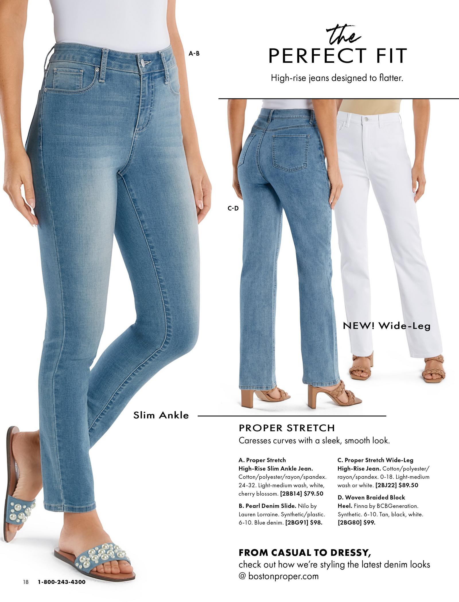 from left to right: light wash slim ankle jeans, light wash wide-leg jeans, white wide-leg jeans, and dark wash pull-on jeans.