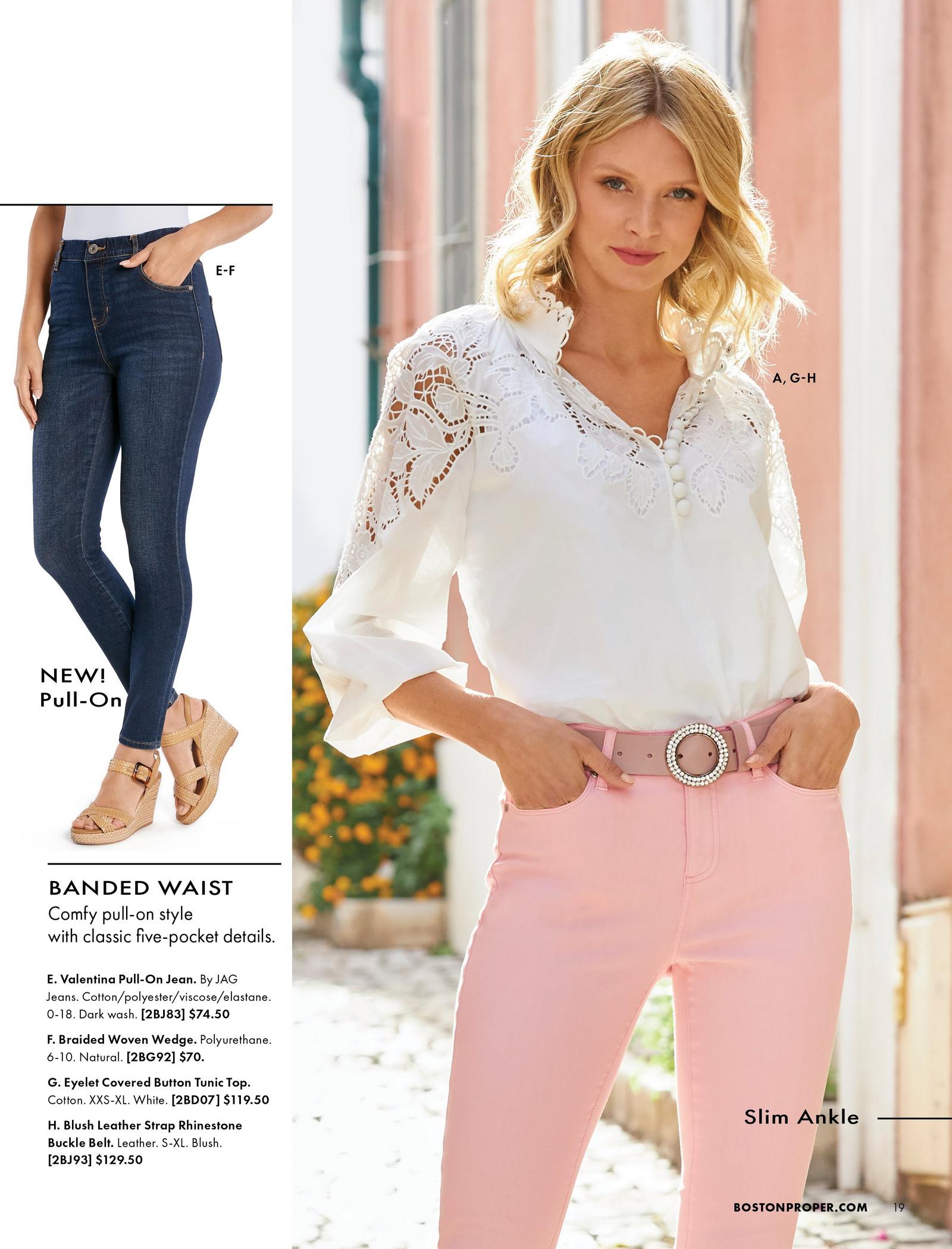 right model wearing dark wash skinny jeans and tan wedges. right model wearing a white lace embellished covered button top, rhinestone embellished pink belt, and pink jeans.