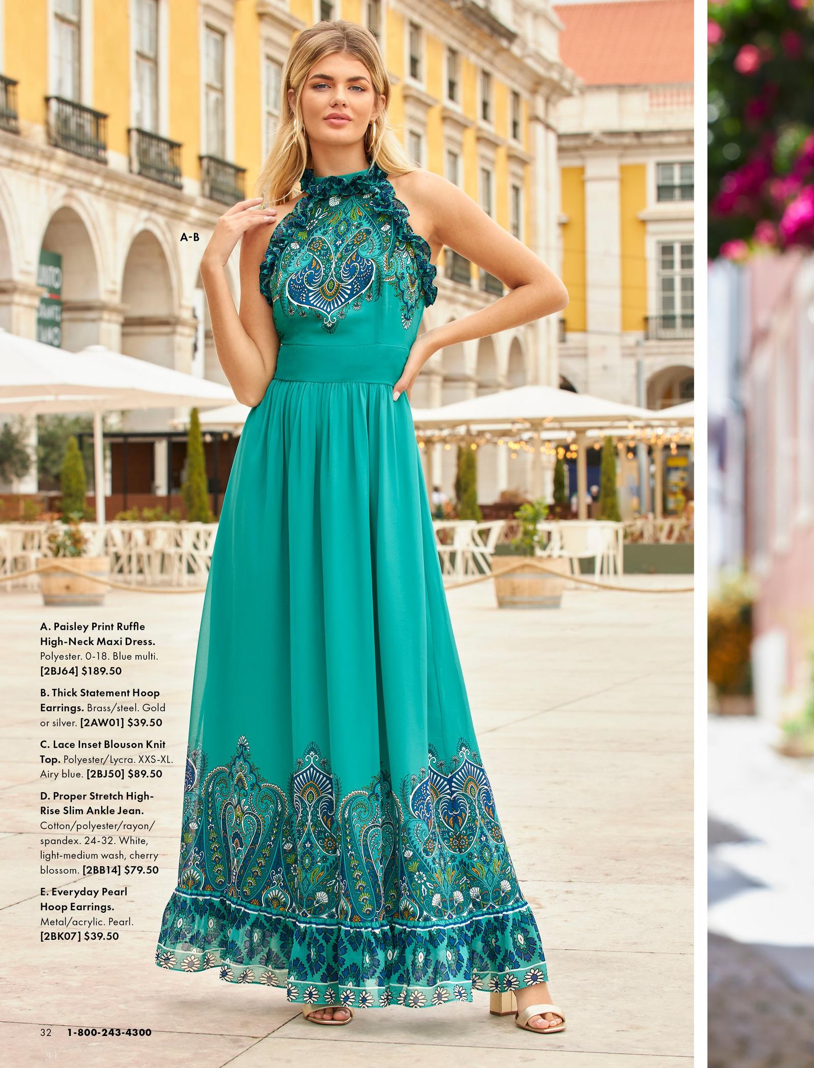 model wearing a blue-green paisley printed high-neck maxi dress and silver hoop earrings.