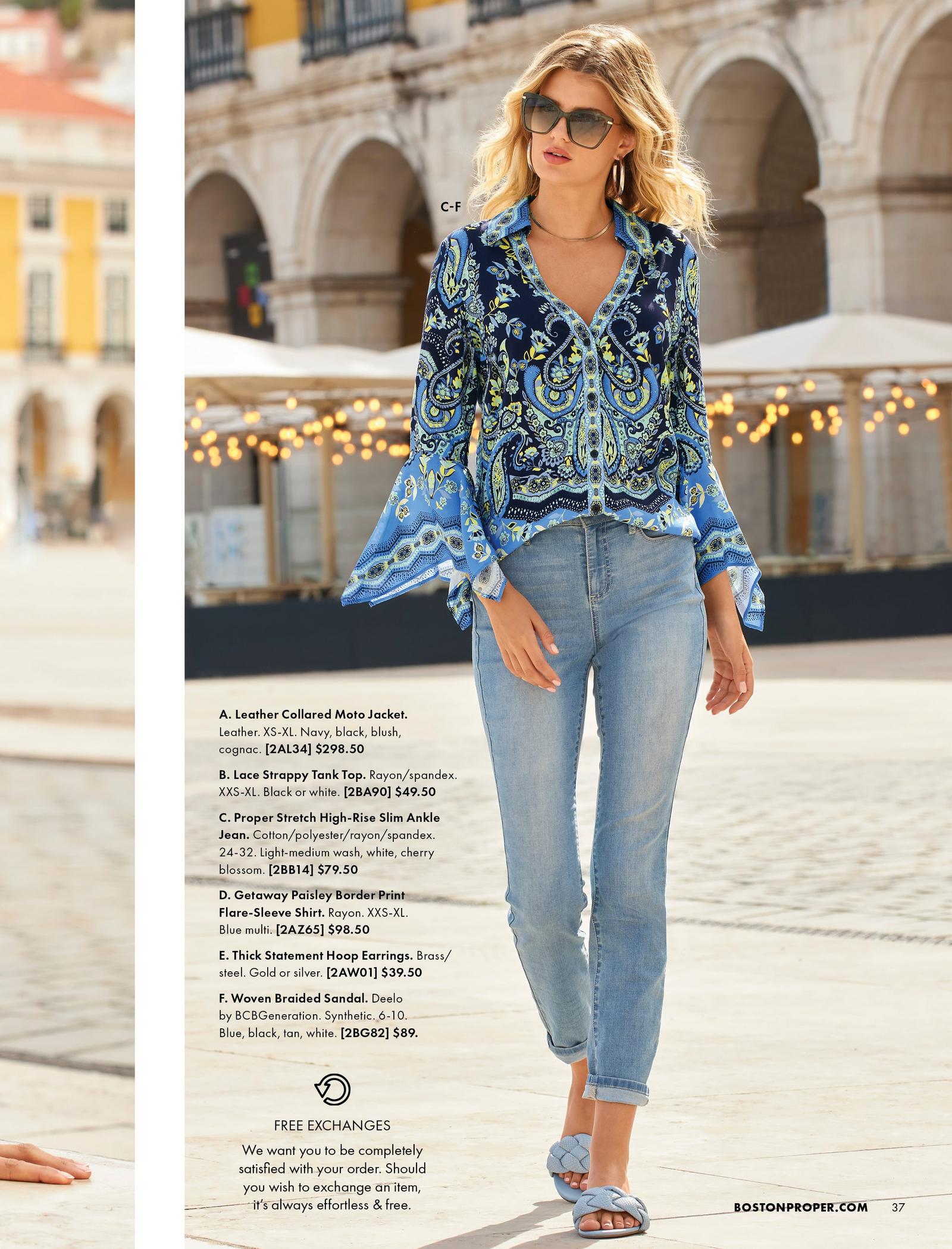 model wearing blue paisley printed flare-sleeve shirt, silver hoop earrings, light wash jeans, blue braided sandals, and sunglasses.