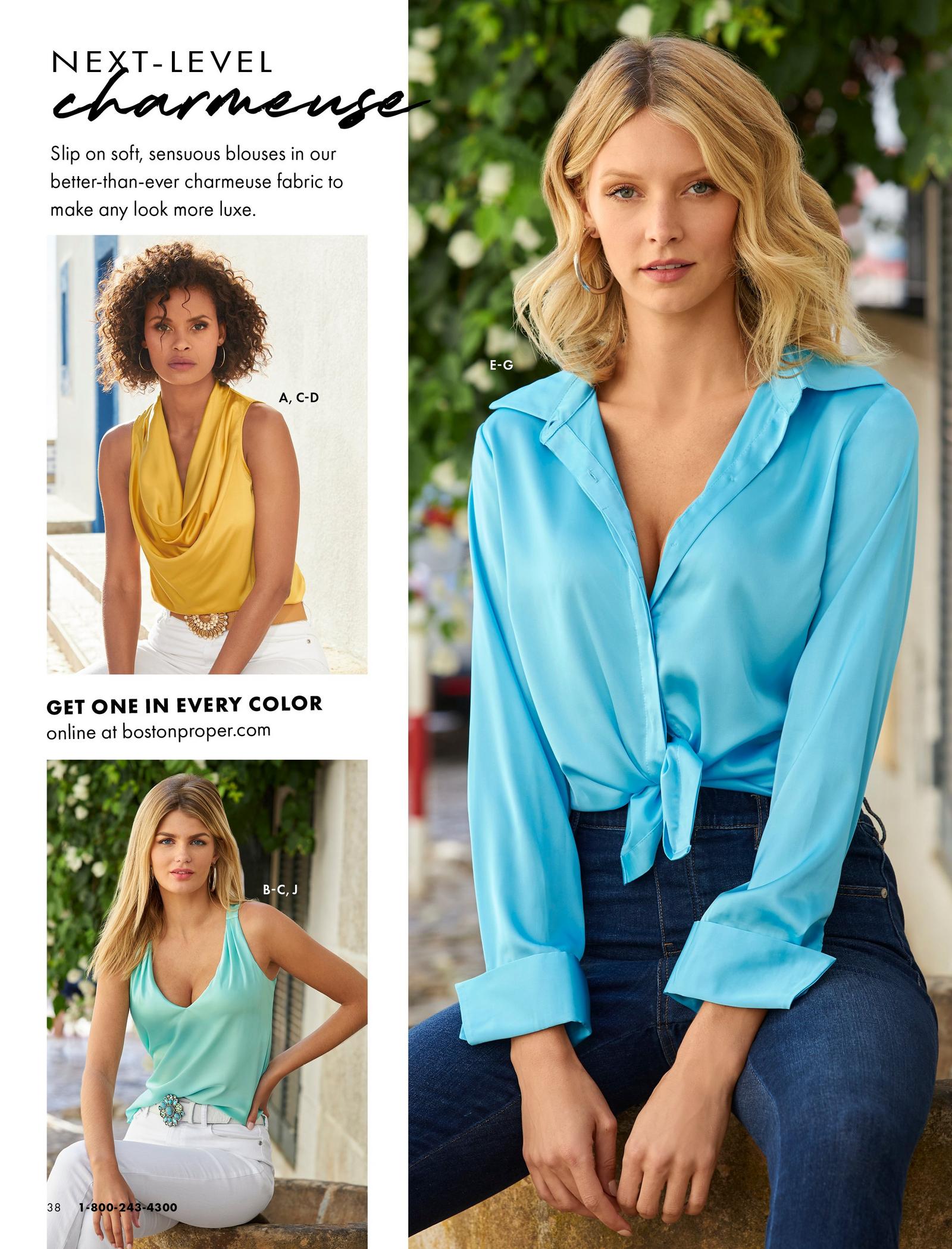 top left model wearing a yellow cowl neck sleeveless charmeuse blouse. bottom left model wearing a mint sleeveless v-neck charmeuse blouse. right model wearing a light blue long-sleeve button down charmeuse blouse that is knotted in front and jeans.