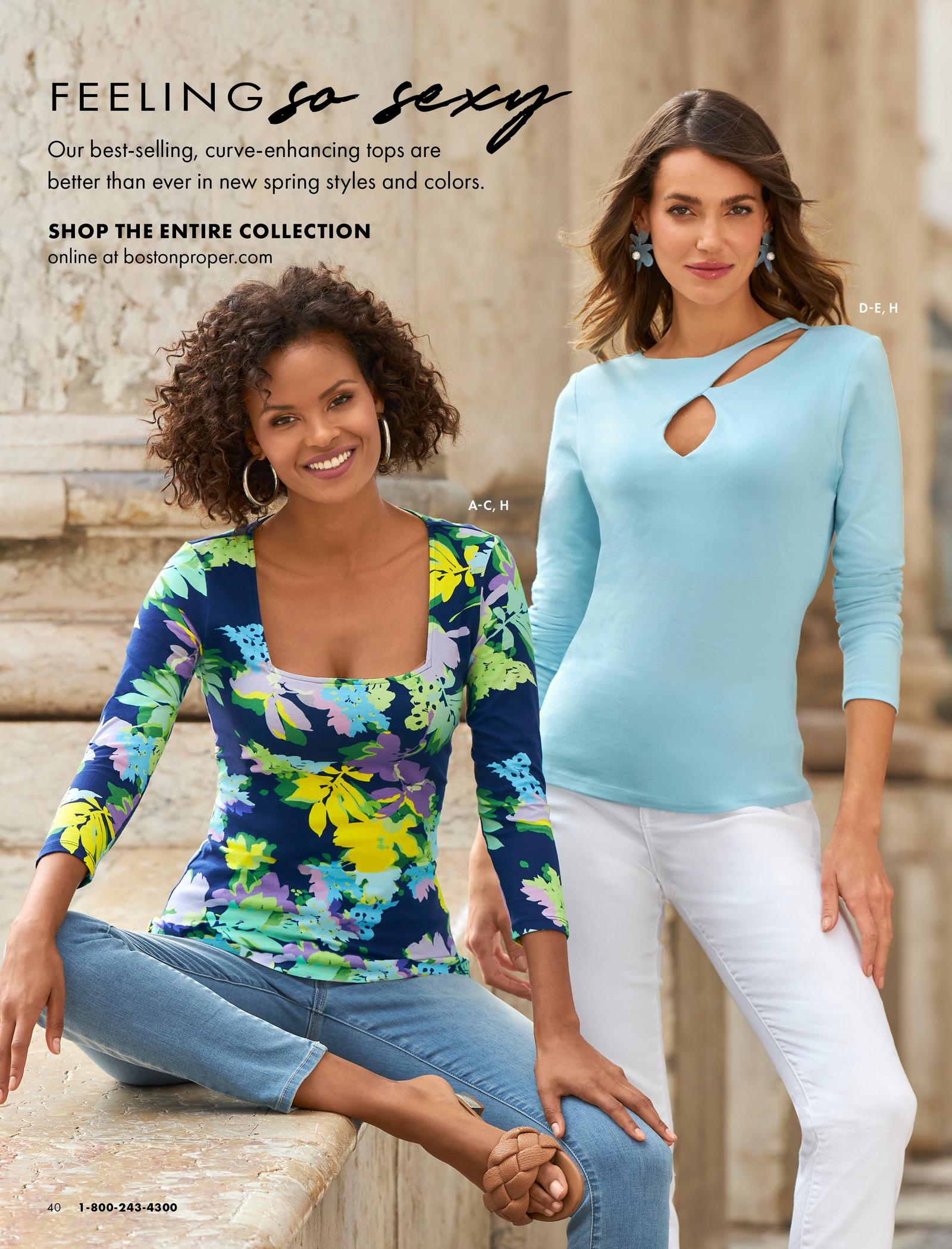 left model wearing a floral print multicolored scoop-neck three-quarter sleeve top, light wash jeans, and tan braided sandals. right model wearing a light blue keyhole long-sleeve top and white jeans.