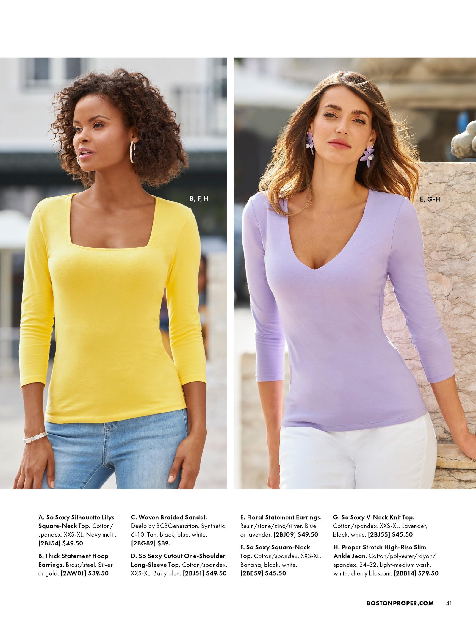 left model wearing a yellow square-neck long sleeve top and jeans. right model wearing a lavender v-neck long-sleeve top and white jeans.