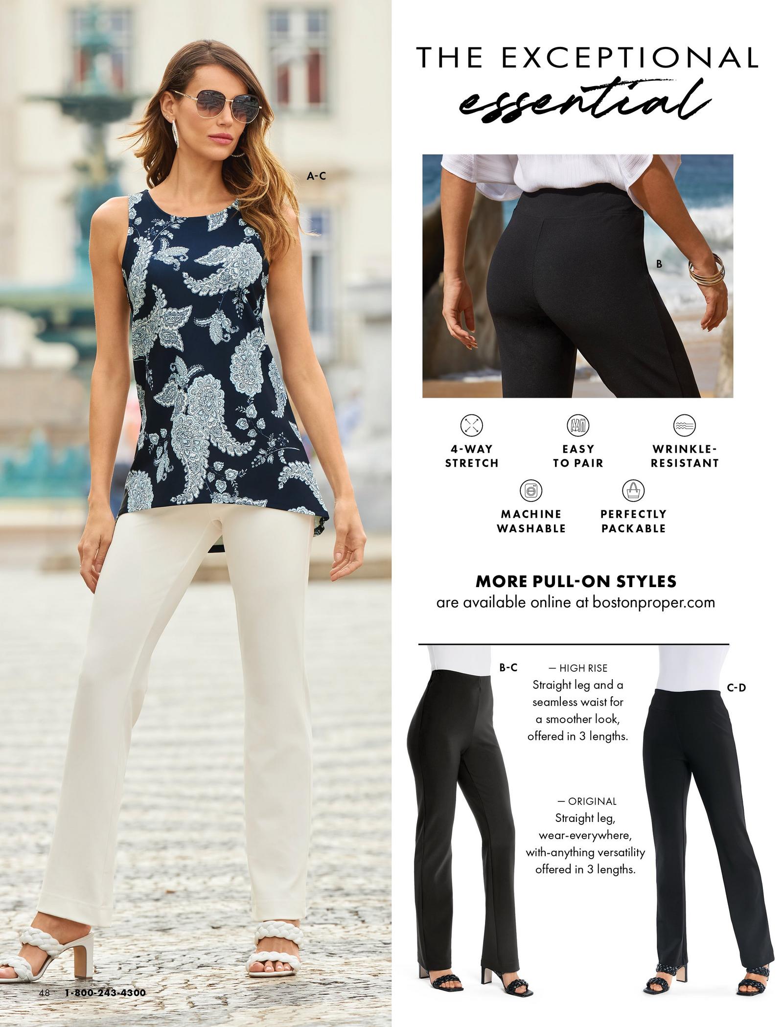 left model wearing a blue paisley print high-neck tank top, white pants, white block heels, and sunglasses. right panel shows the beyond travel pant and high-waisted beyond travel pant.