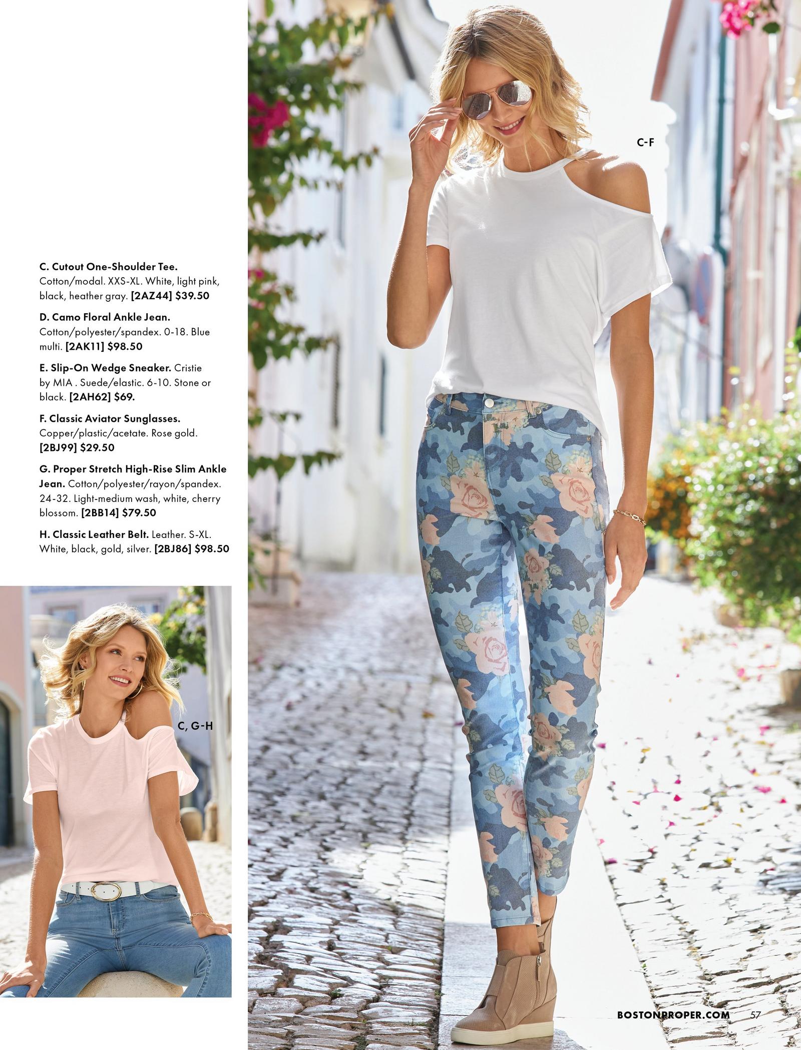 left model wearing a light pink cutout one-shoulder tee, white belt, and jeans. right model wearing a white cutout one-shoulder tee, camo floral ankle jeans, tan sneaker wedges, and aviator sunglasses.