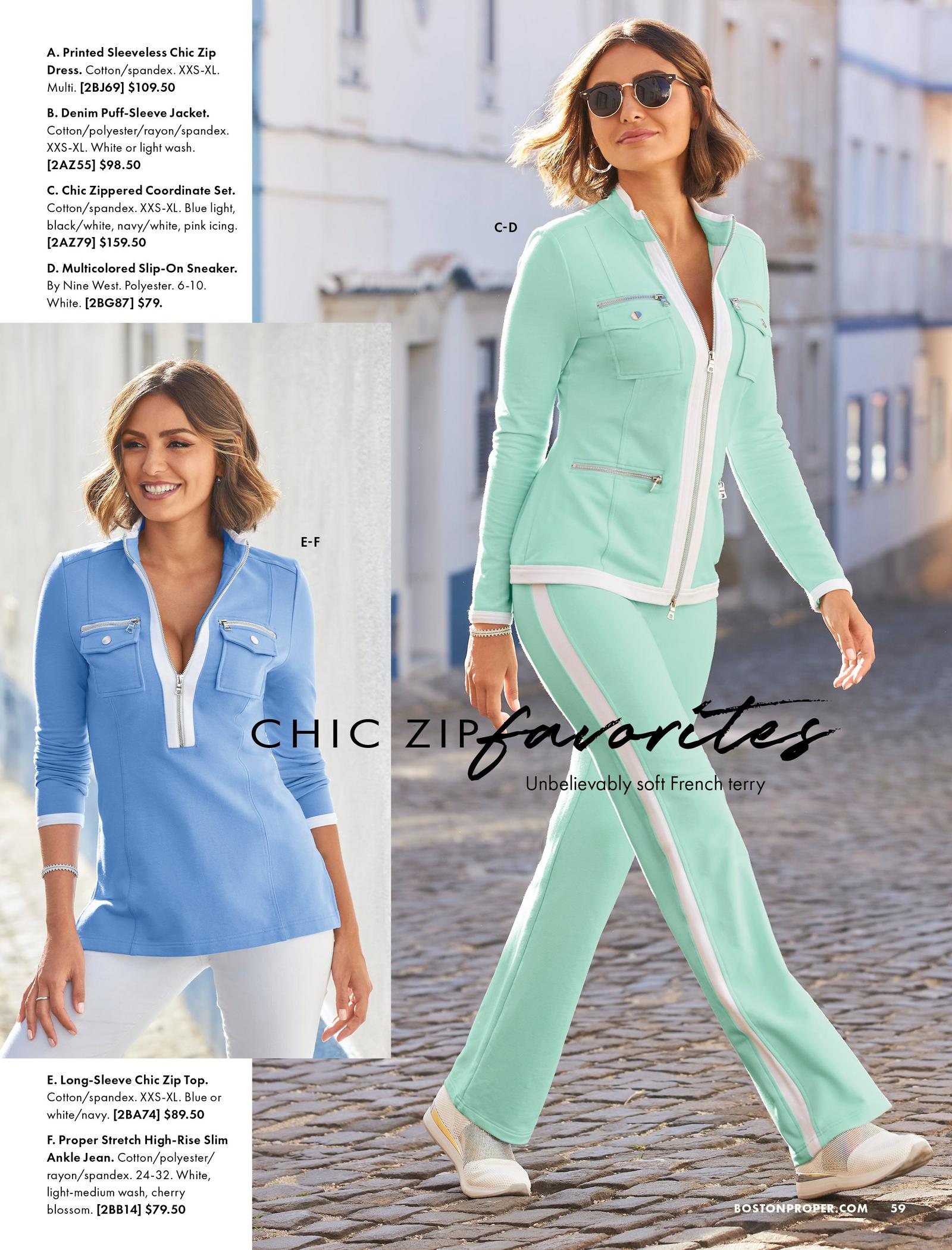 left model wearing a periwinkle chic zip long-sleeve top and white pants. right model wearing a mint two-piece chic-zip set, sunglasses, and white sneakers.