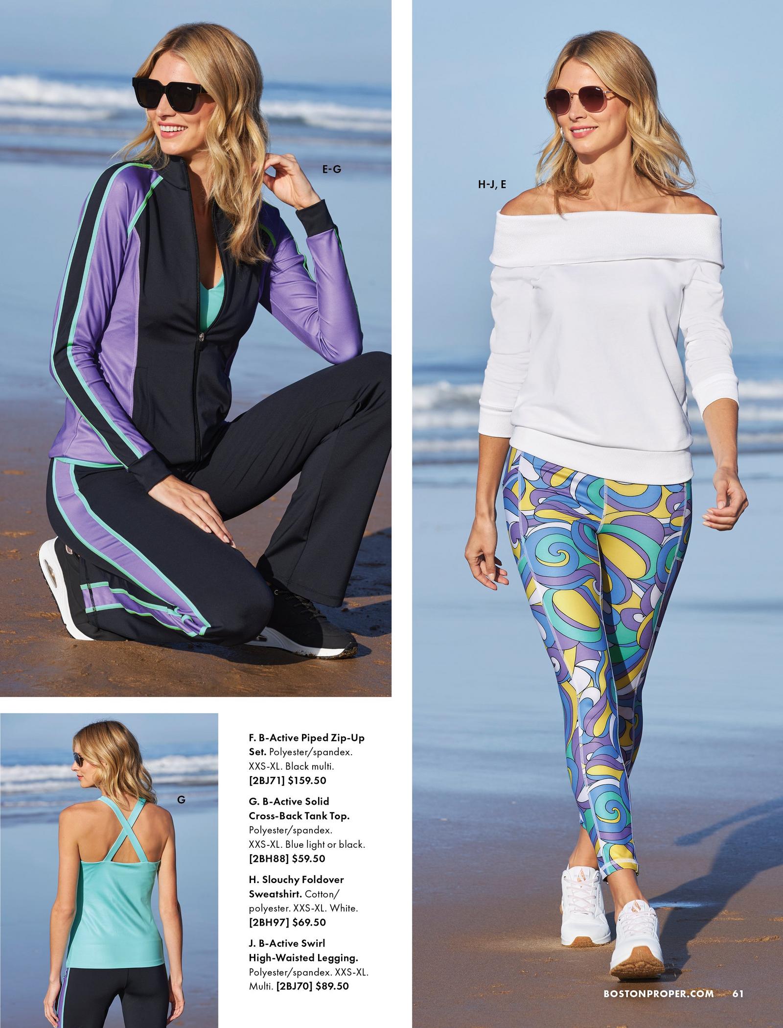 top left model wearing a black and purple colorblock warm-up, teal tank top, black sneakers, and sunglasses. bottom right model wearing a teal tank top and black leggings. right model wearing a white foldover sweater, multicolored printed leggings, and white sneakers, and sunglasses.