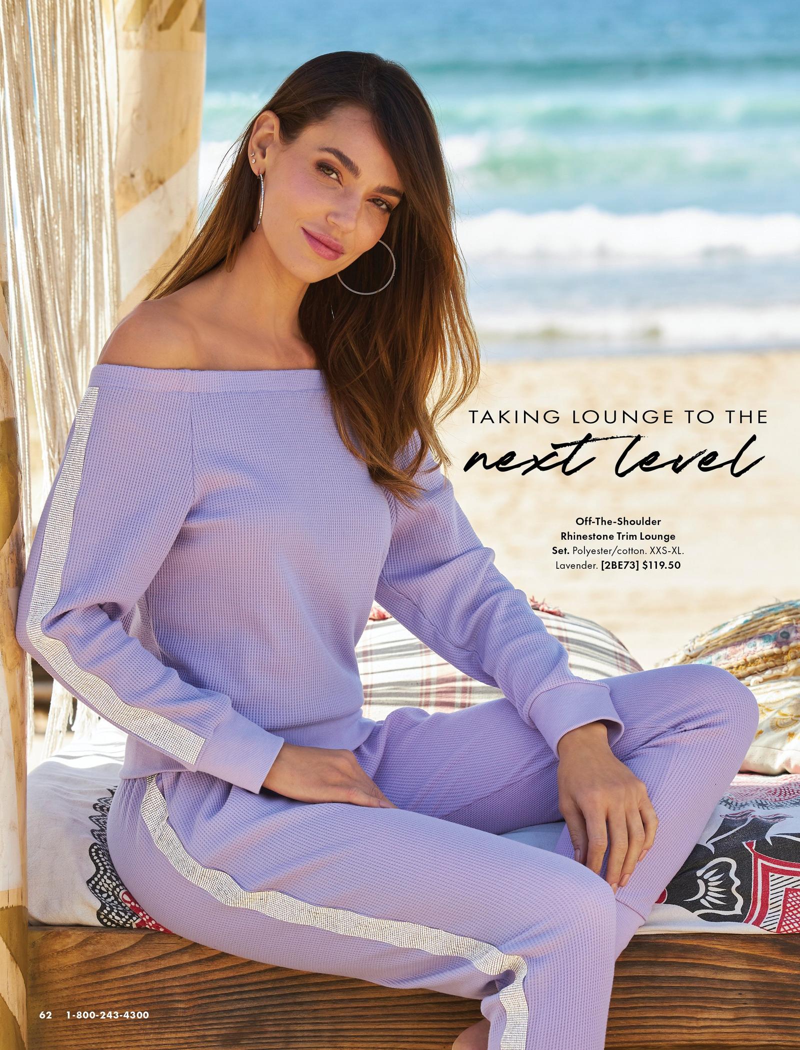 model wearing a lavender off-the-shoulder rhinestone embellished top and matching lounge pants.