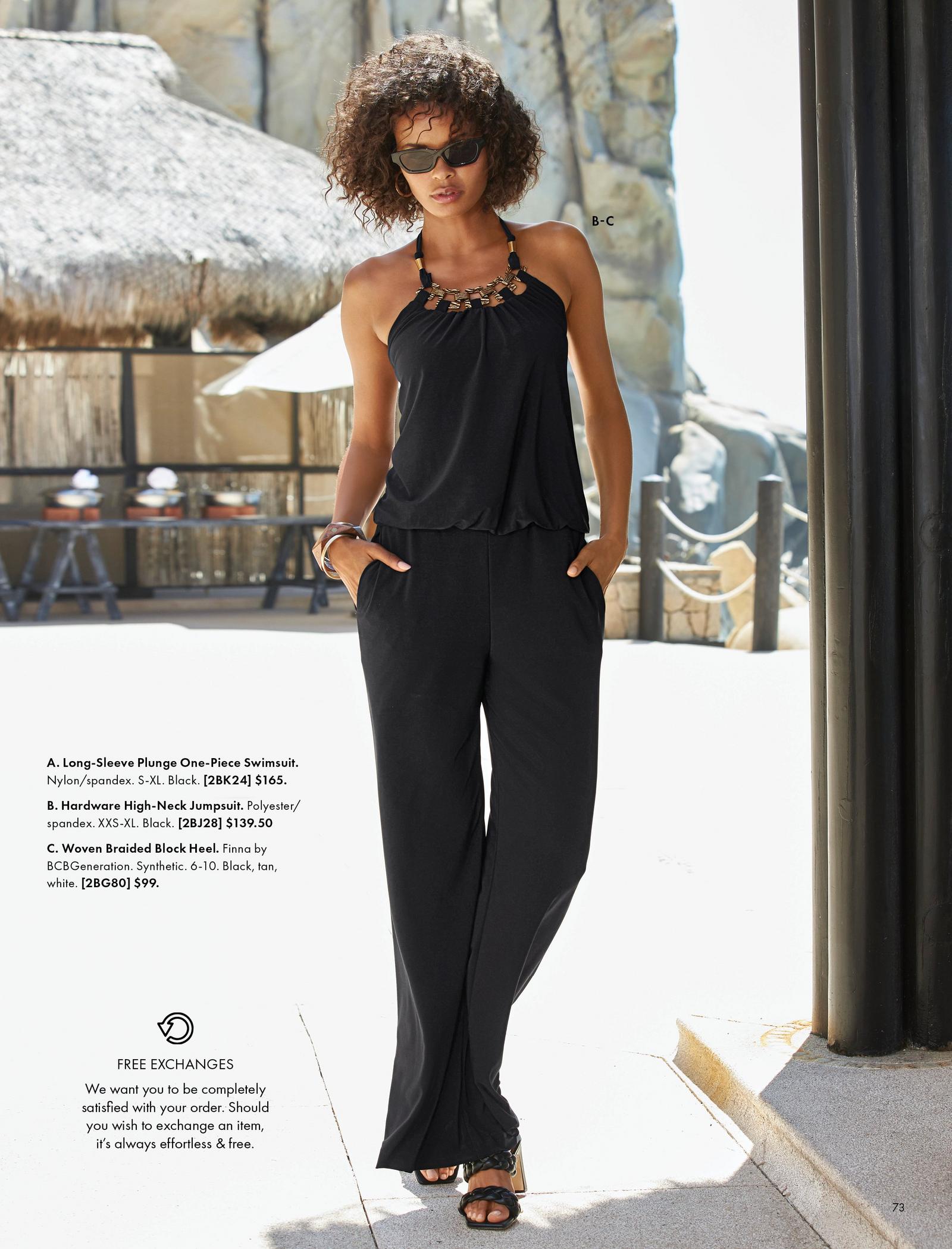 left model wearing a black floral print mock-neck one-piece swimsuit and sunglasses. right model wearing a black hardware embellished sleeveless jumpsuit, sunglasses, and black braided sandals.