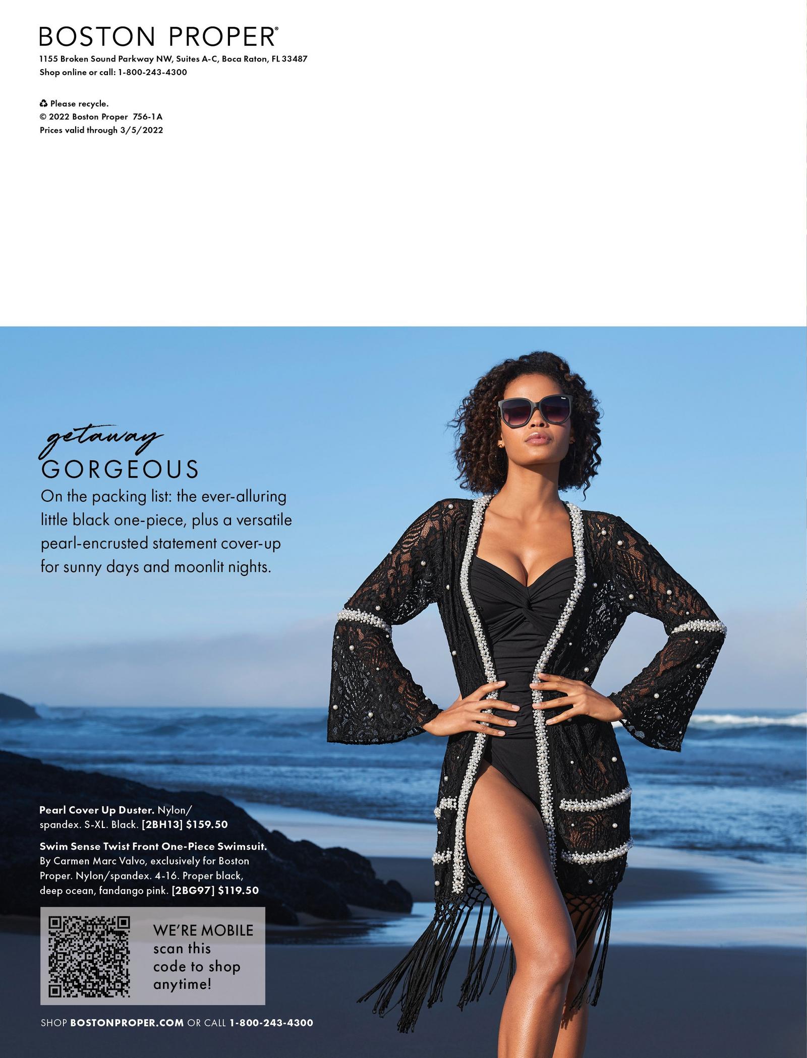 model wearing a black pearl embellished duster, black one piece swimsuit, and sunglasses.