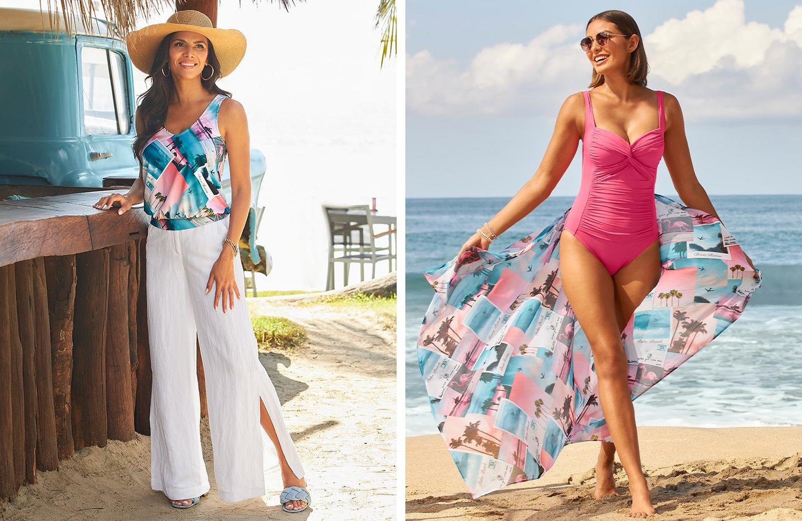 left model wearing a postcard print sleeveless blouson top, cowboy hat, white side slit linen pants, and blue braided sandals. right model wearing a pink one-piece swimsuit, postcard print pareo, and sunglasses.