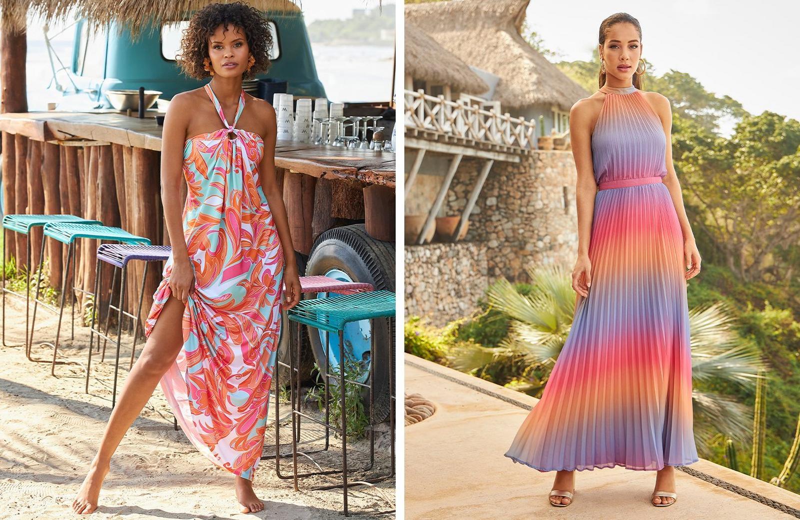 left model wearing a halter neck printed multicolor maxi dress. right model wearing a multicolor ombre high-neck pleated maxi dress and gold heels.