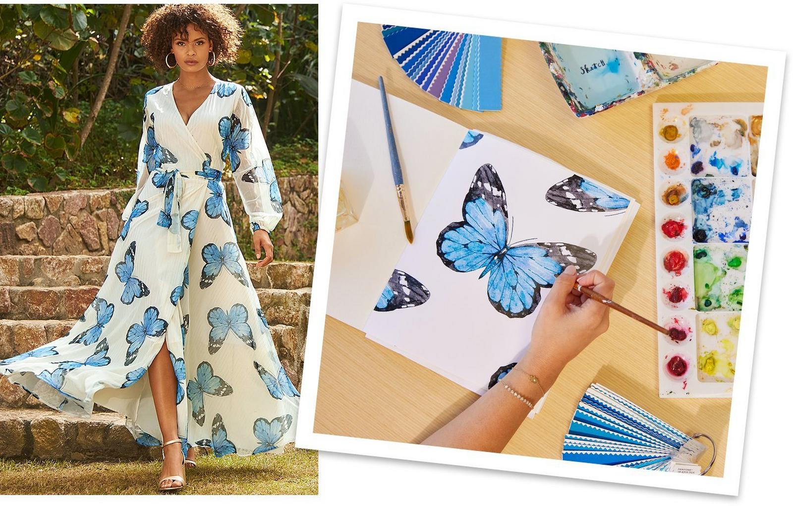 left model wearing a blue butterfly print long-sleeve wrap maxi dress and silver heels. right panel shows someone hand drawing the butterfly print.