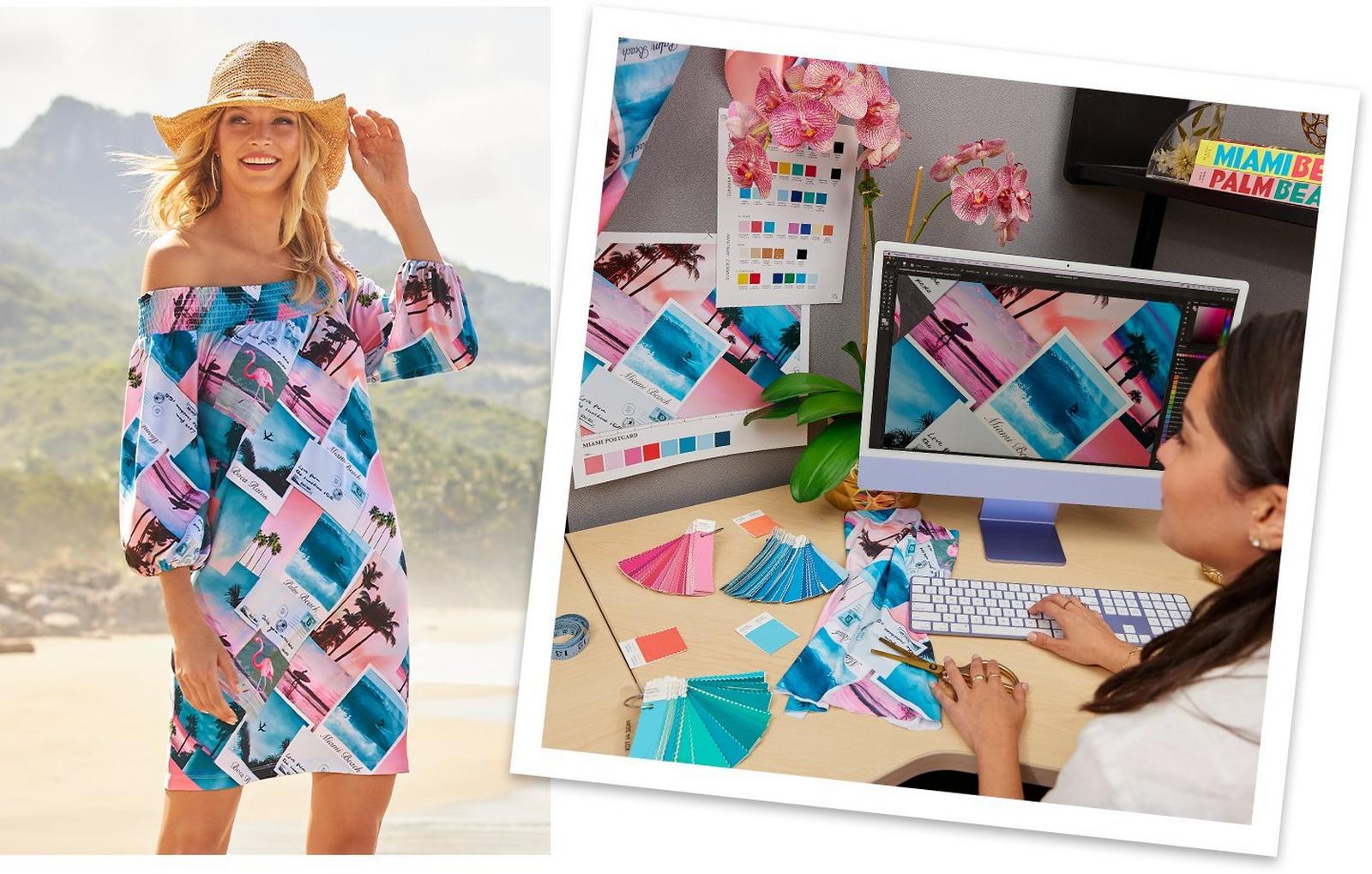 left model wearing a postcard print off-the-shoulder long-sleeve dress and cowboy hat. right panel shows a designer working on the postcard print.