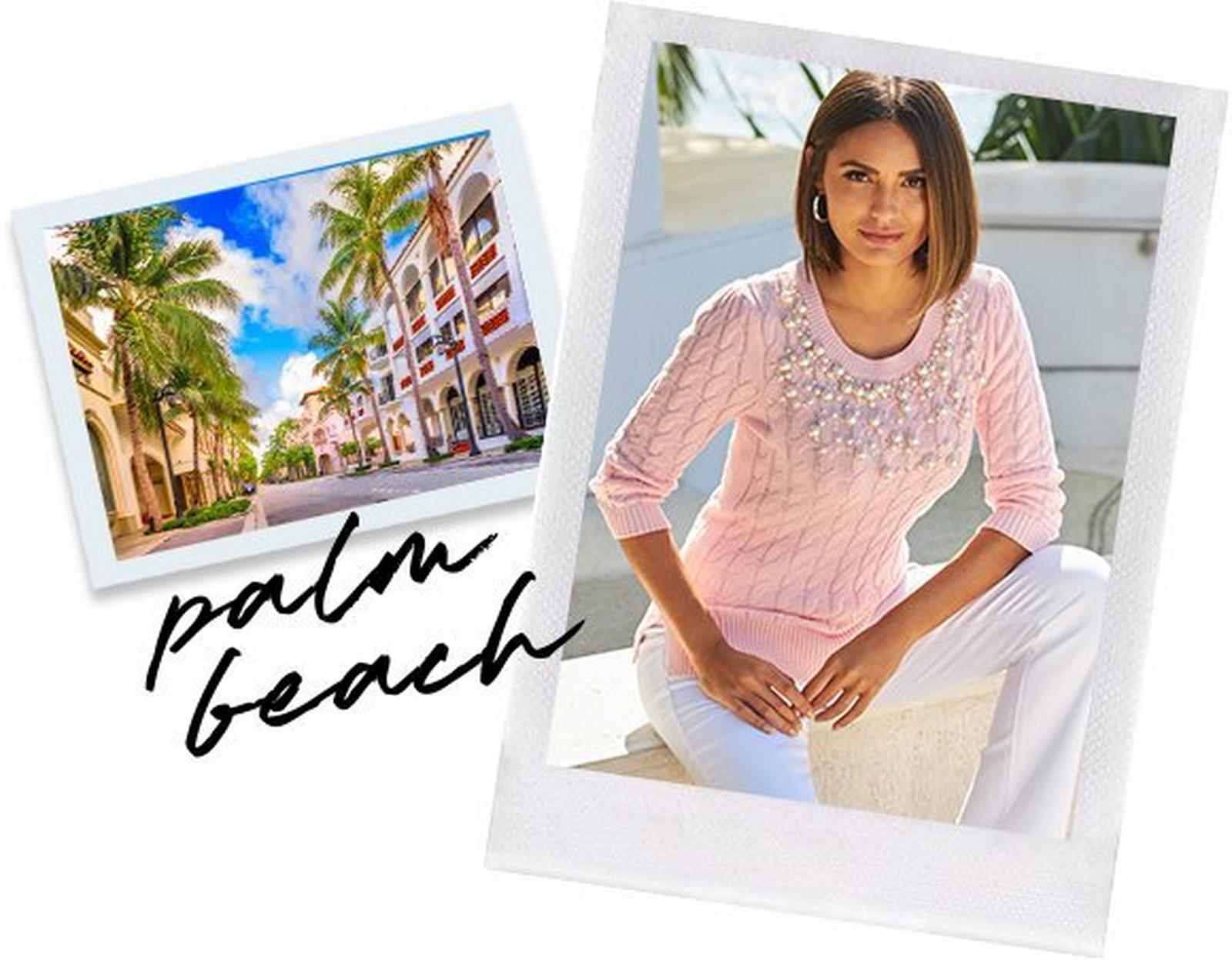 left panel shows a picture of palm beach. right model wearing a pink pearl embellished cable knit sweater and white wide-leg jeans.
