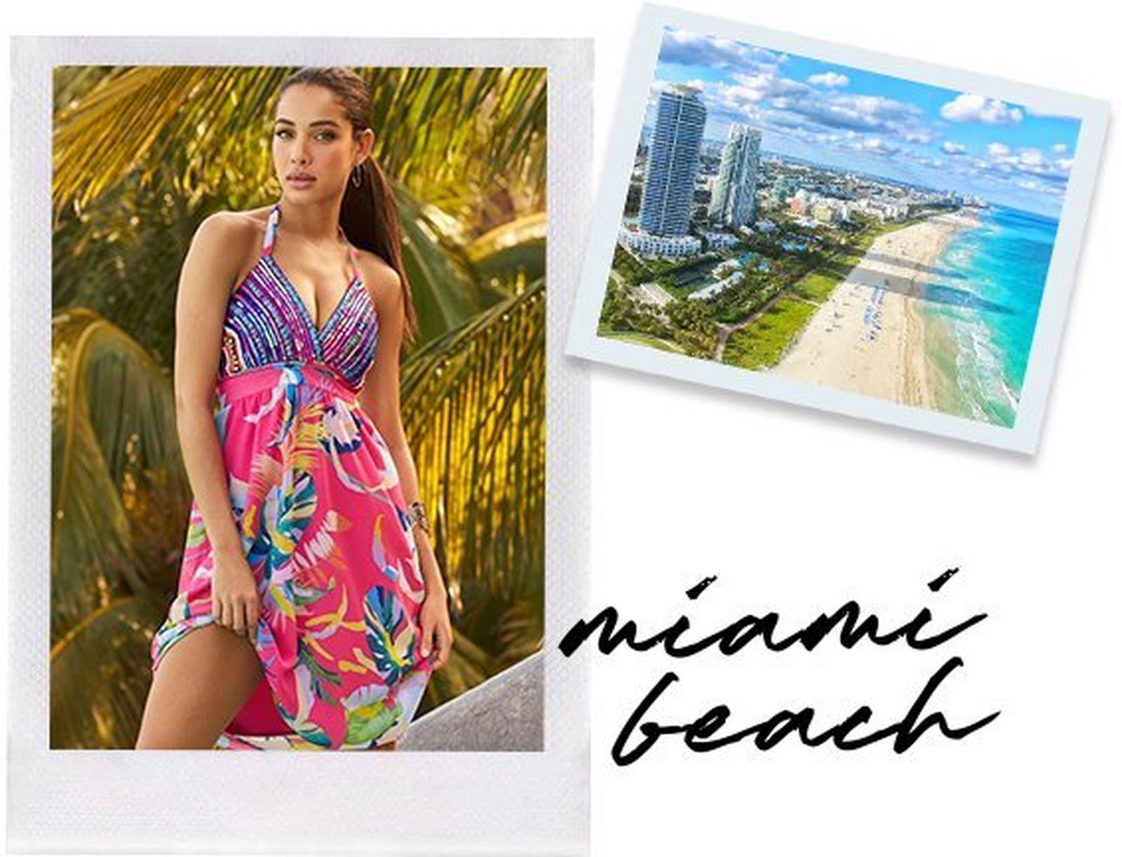 left model wearing a multicolored tropical print embellished halter dress. right panel shows a picture of miami beach.
