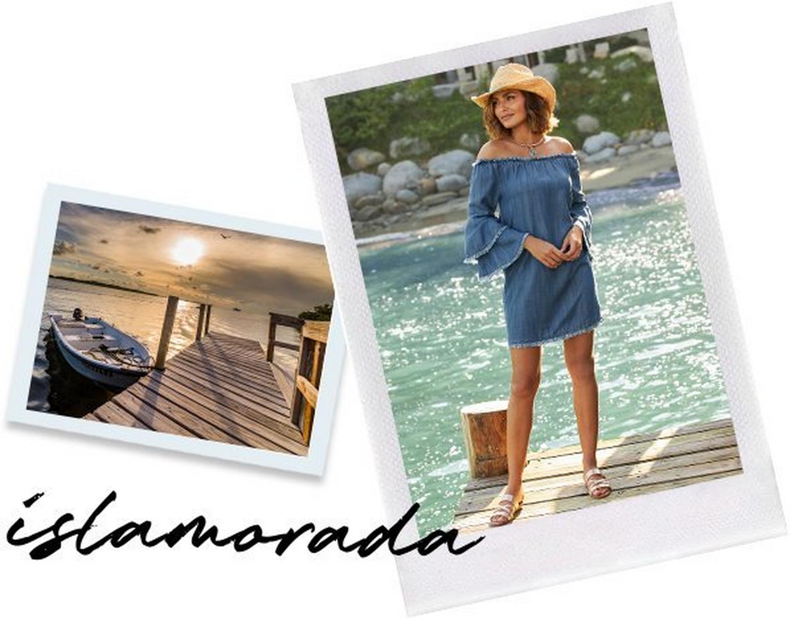 left panel shows a picture of islamorada. right model wearing a denim off-the-shoulder flare sleeve dress, cowboy hat, and white strappy sandals.