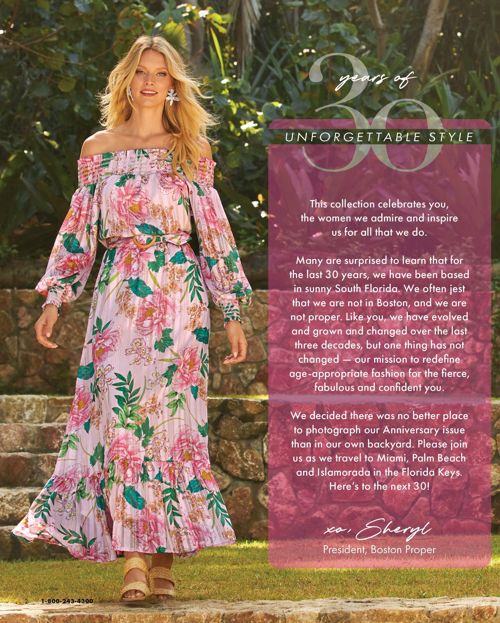 model wearing an off-the-shoulder pink floral print long-sleeve maxi dress, raffia heels, and floral earrings.